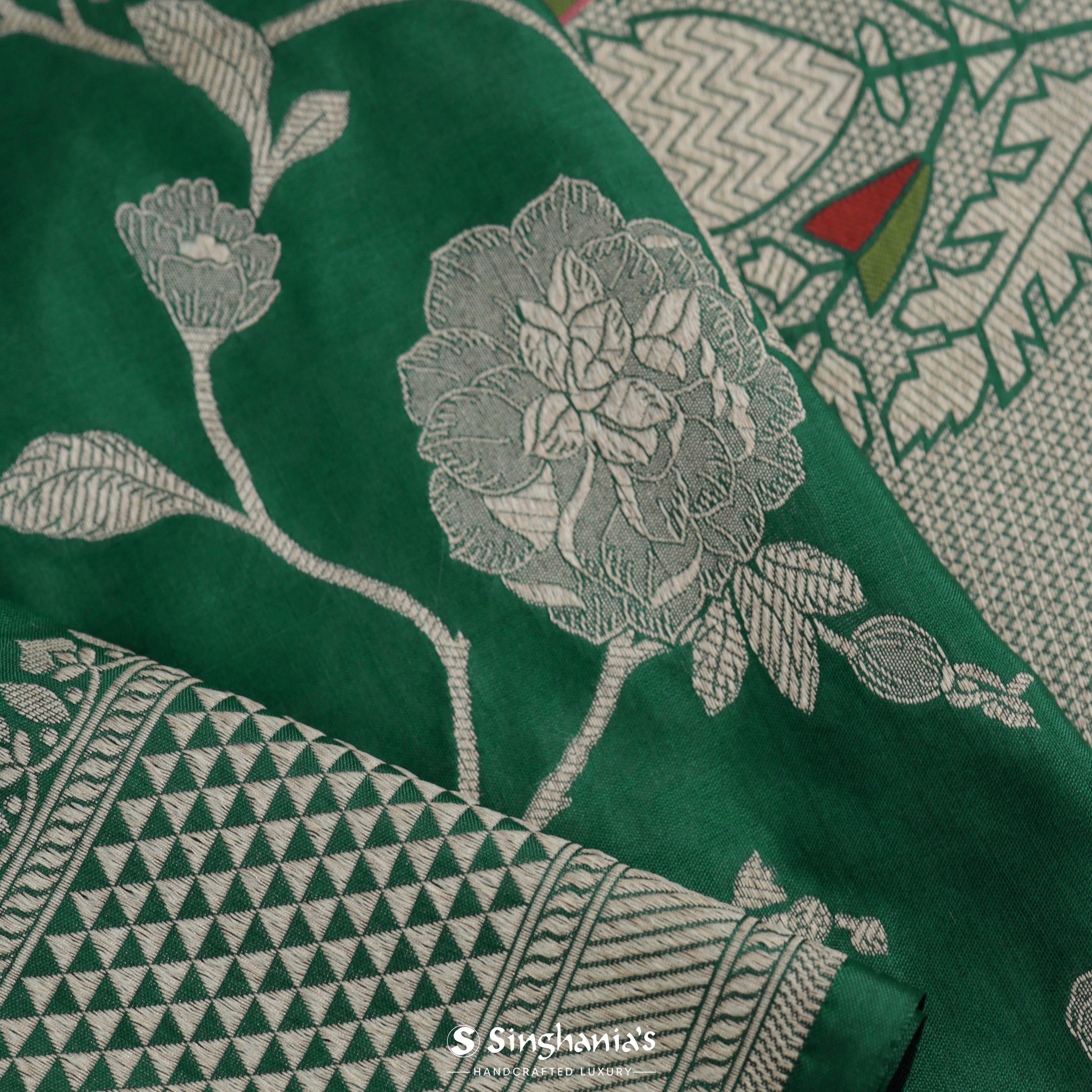 Dark Spring Green Banarasi Silk Saree With Floral Jaal Weaving