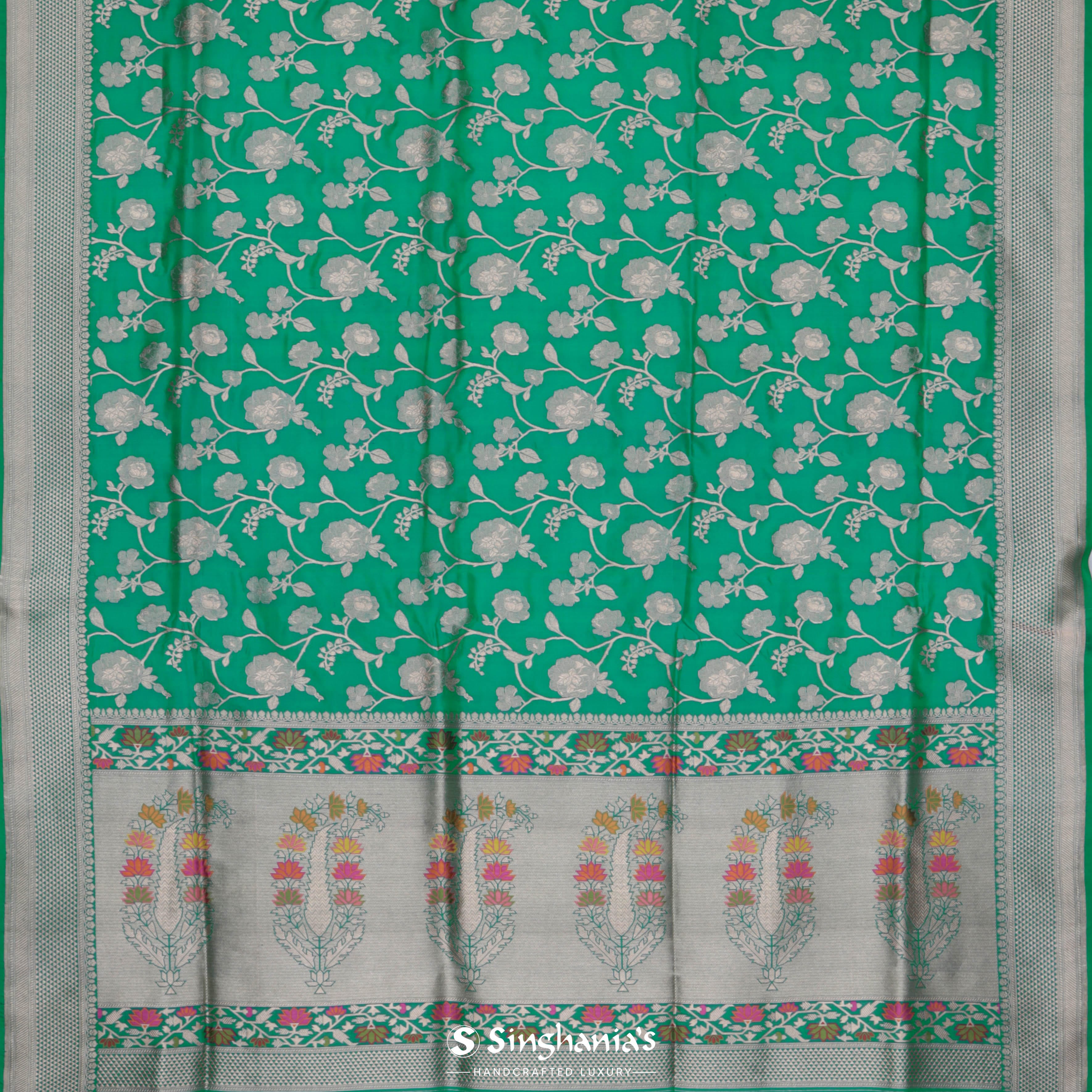 Dark Spring Green Banarasi Silk Saree With Floral Jaal Weaving