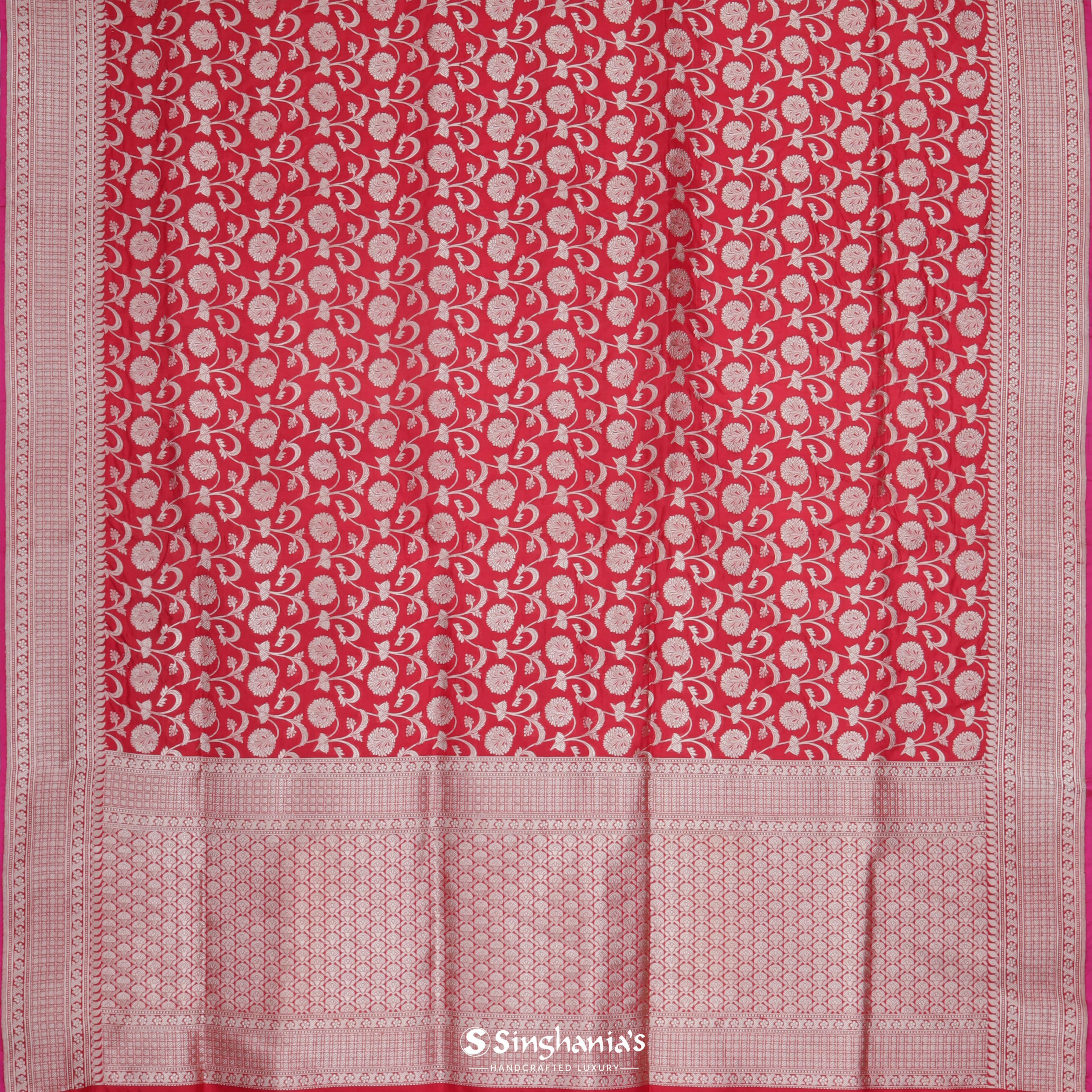 Amarnath Red Silk Banarasi Saree With Floral Jaal Design