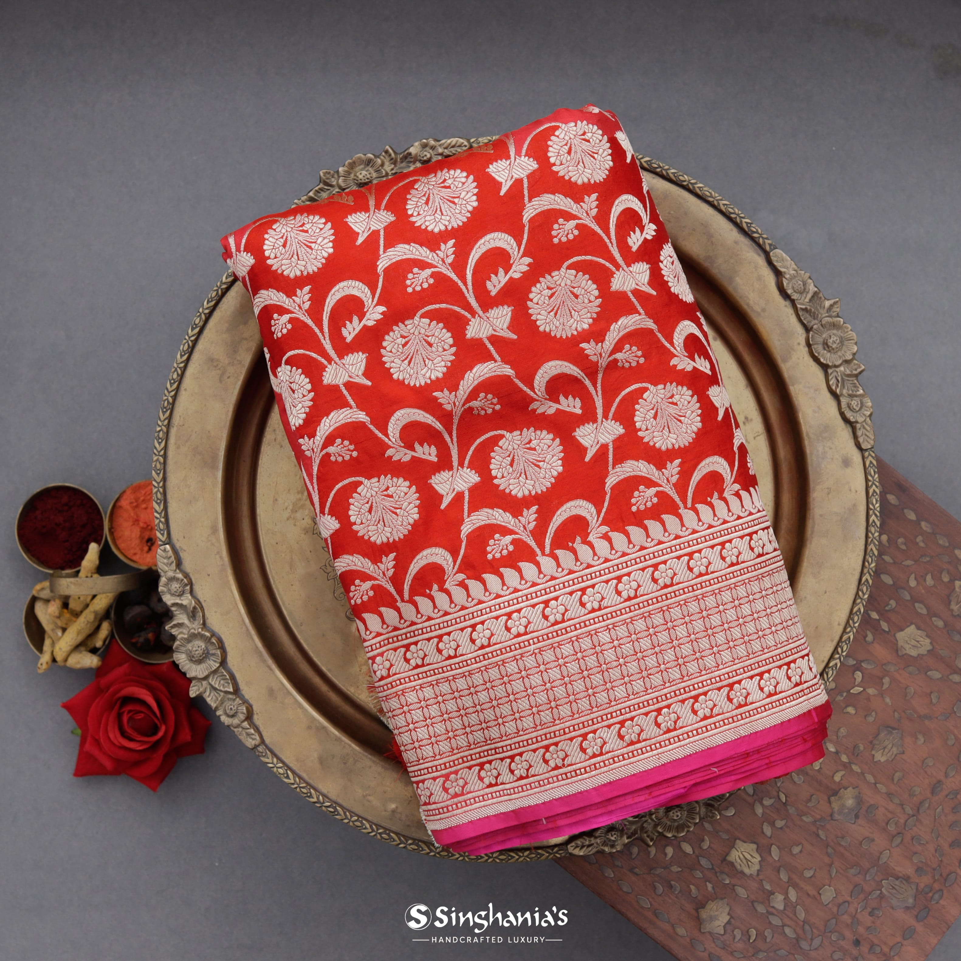 Amarnath Red Silk Banarasi Saree With Floral Jaal Design