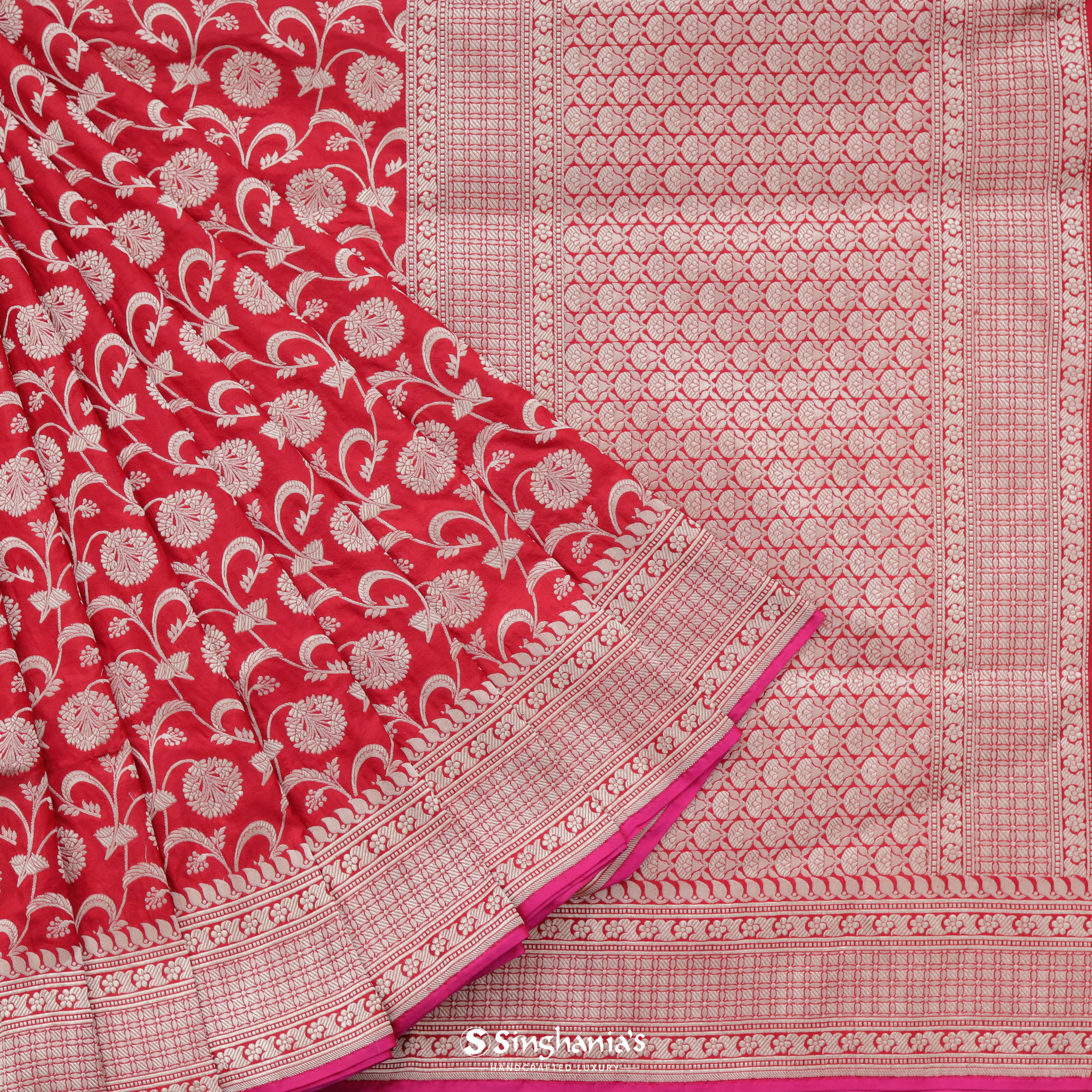 Amarnath Red Silk Banarasi Saree With Floral Jaal Design