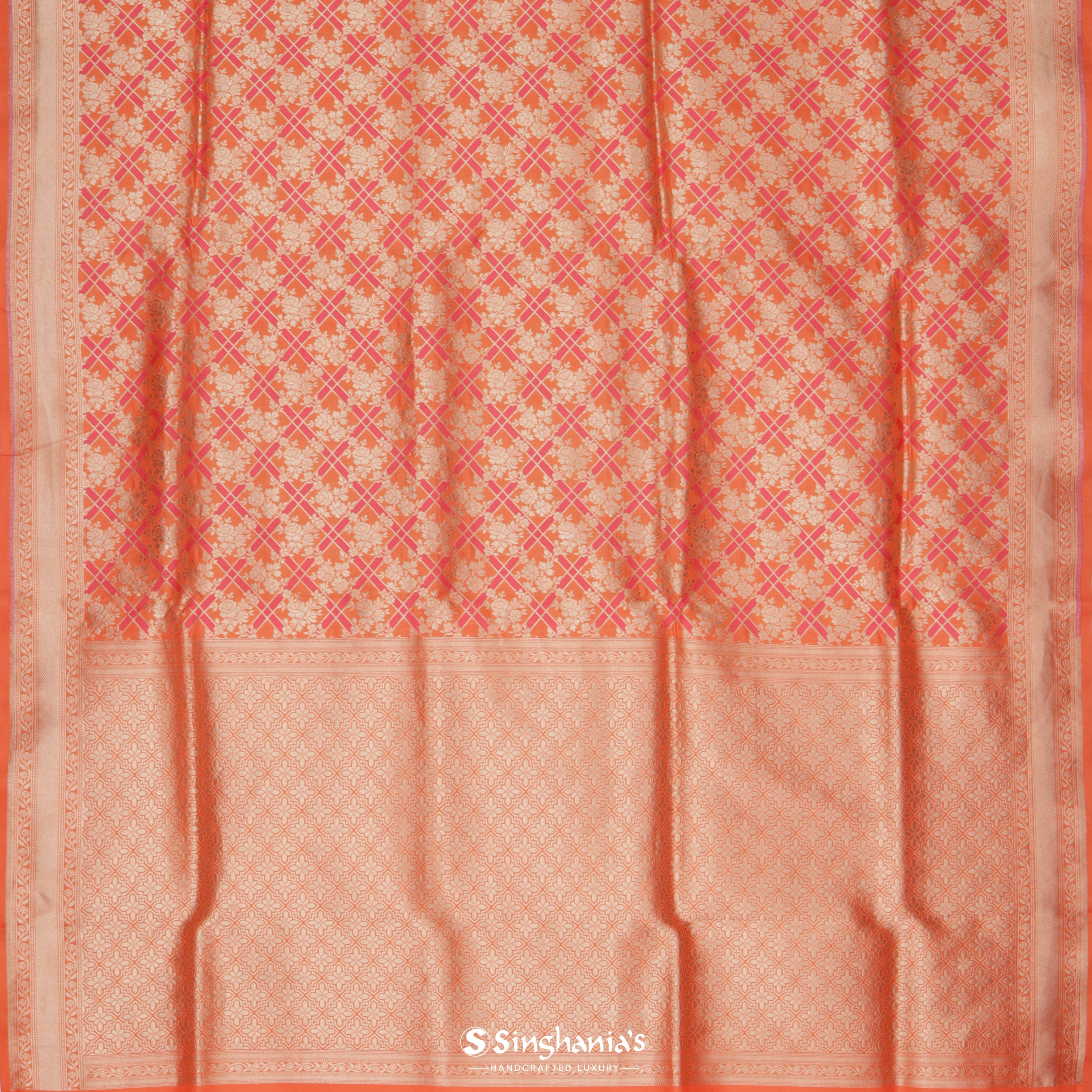 Tiger Orange Silk Banarasi Saree With Striped Floral Pattern