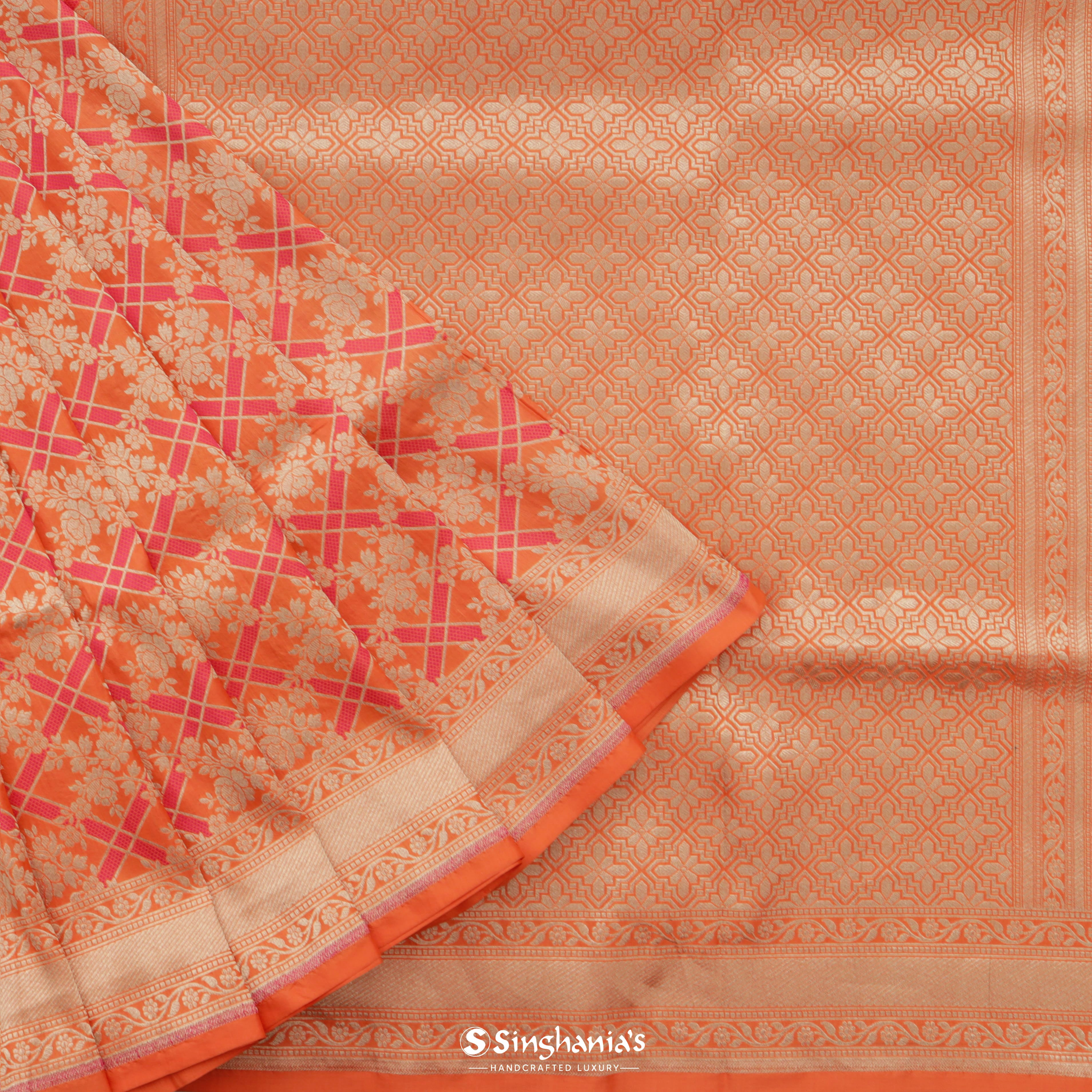 Tiger Orange Silk Banarasi Saree With Striped Floral Pattern