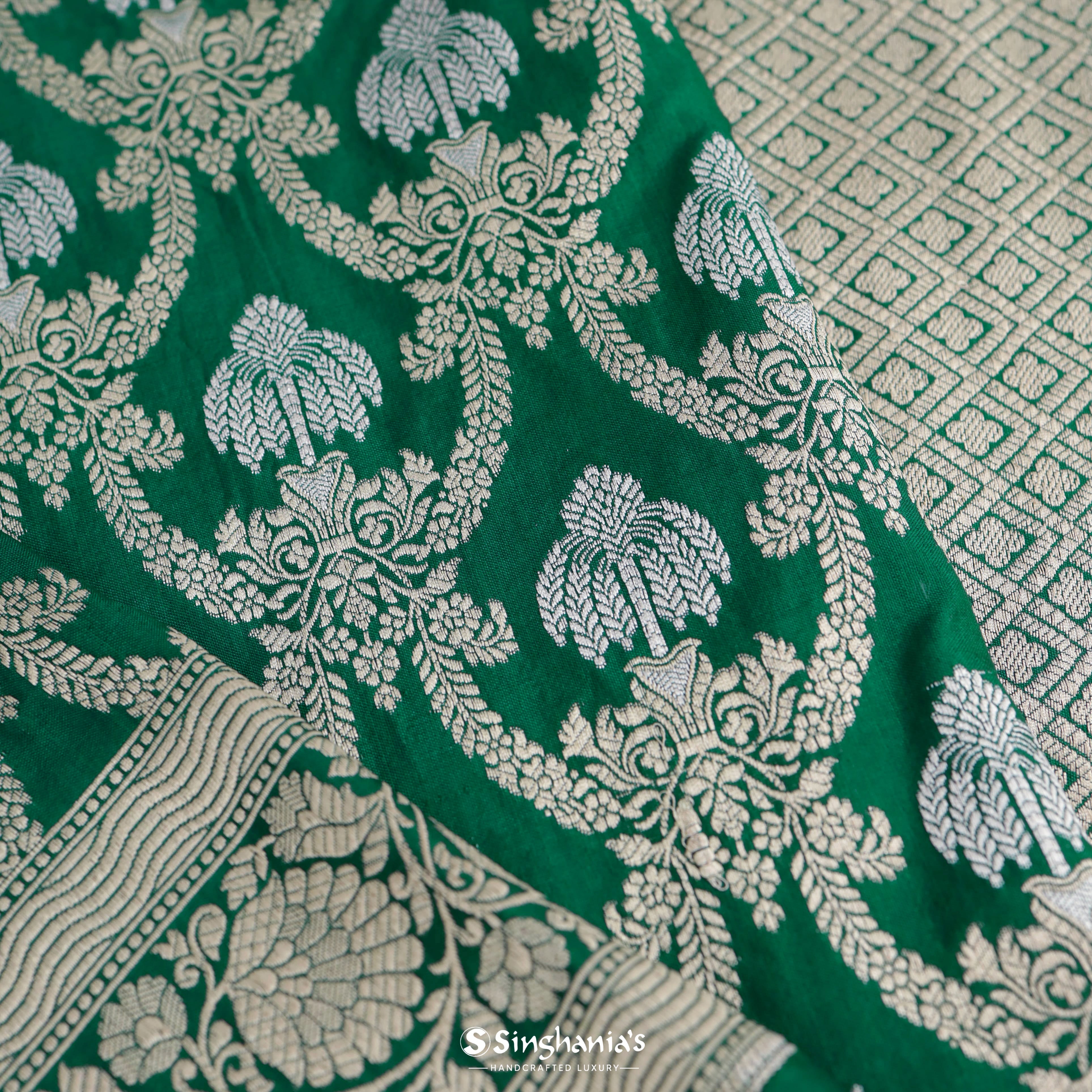 Hunter Green Silk Banarasi Saree With Floral Jaal Pattern