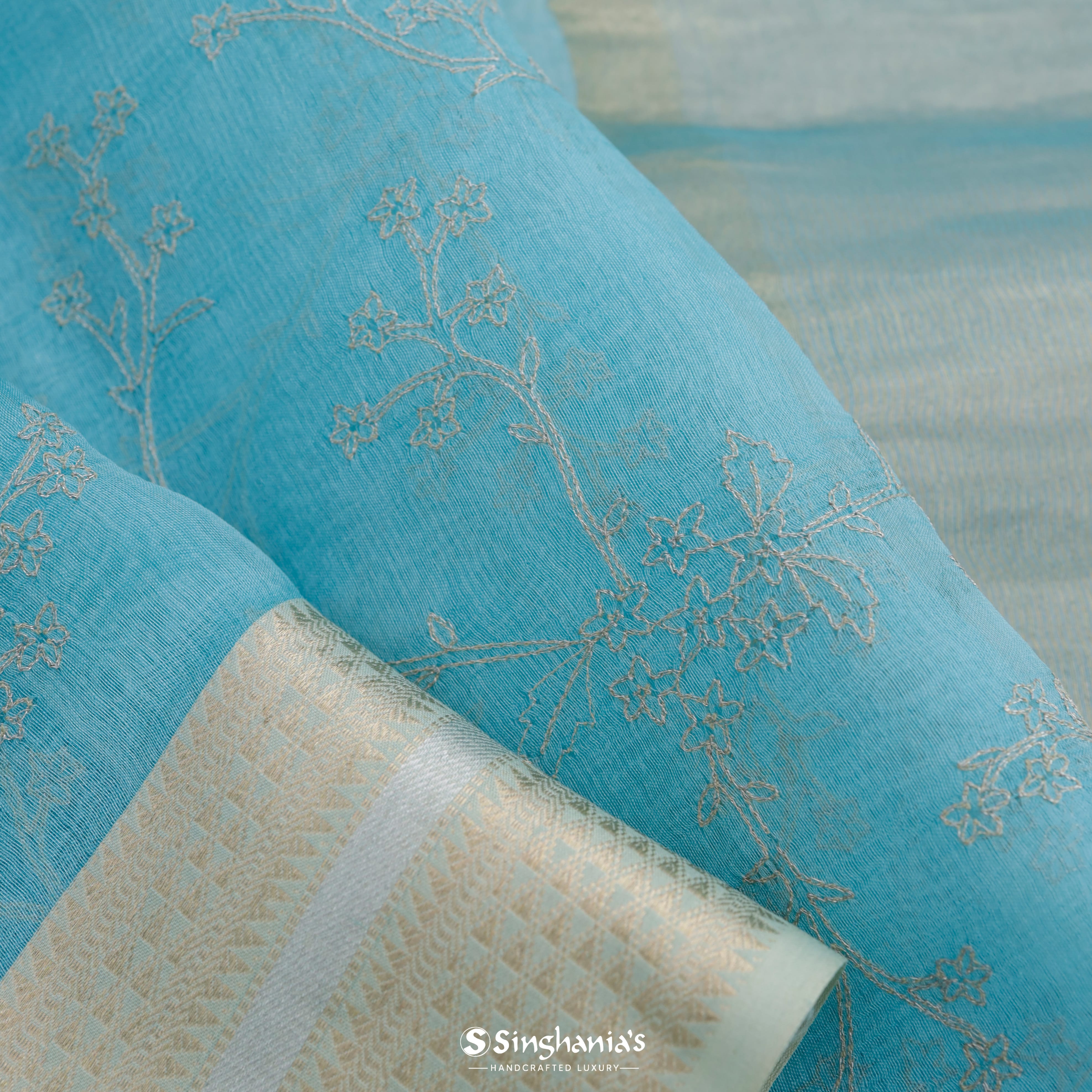 Sky Blue Organza Tussar Embroidery Silk Saree Floral Jaal Design