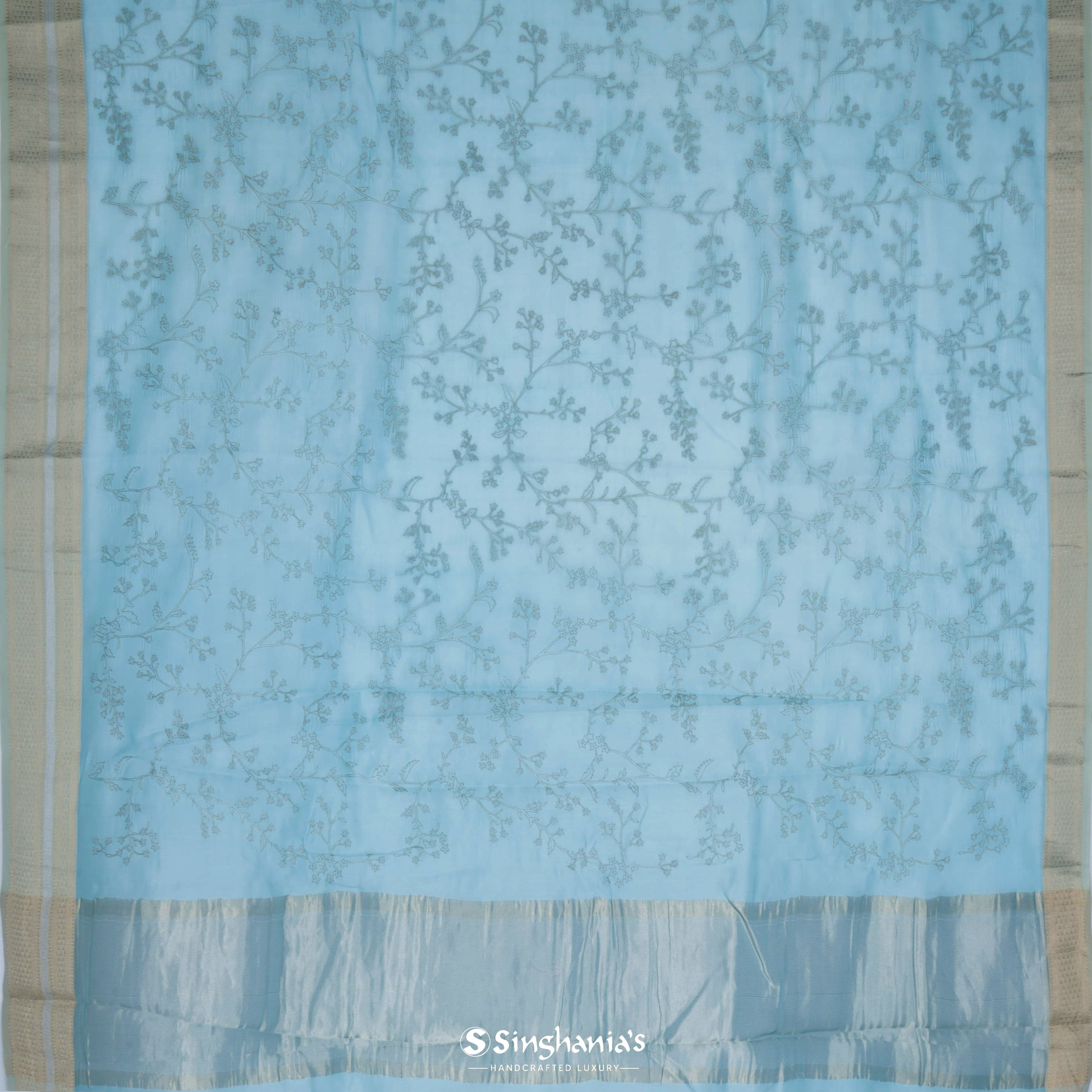 Sky Blue Organza Tussar Embroidery Silk Saree Floral Jaal Design