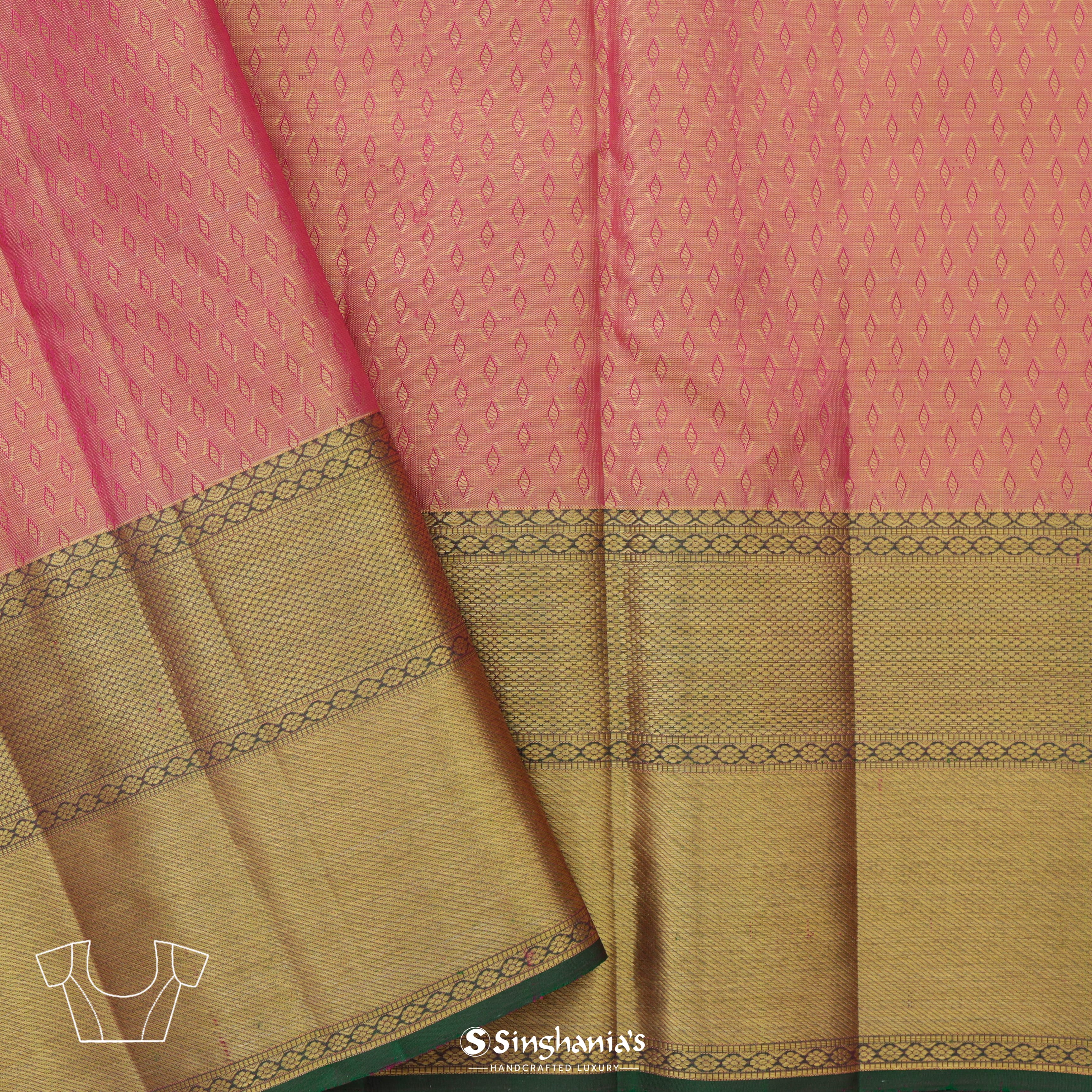 Light Coral Kanjivaram Silk Saree With Striped Floral Pattern