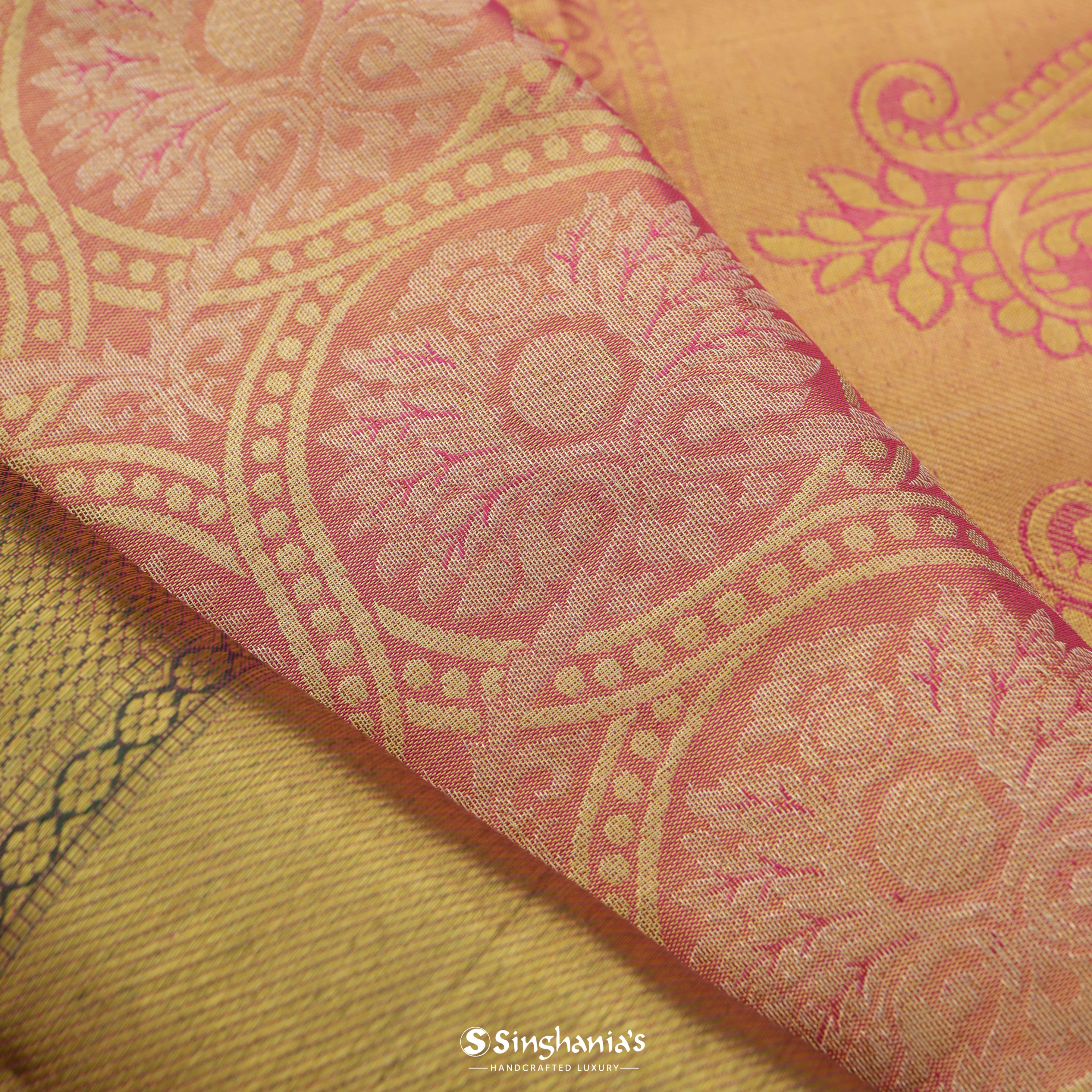 Light Coral Kanjivaram Silk Saree With Striped Floral Pattern