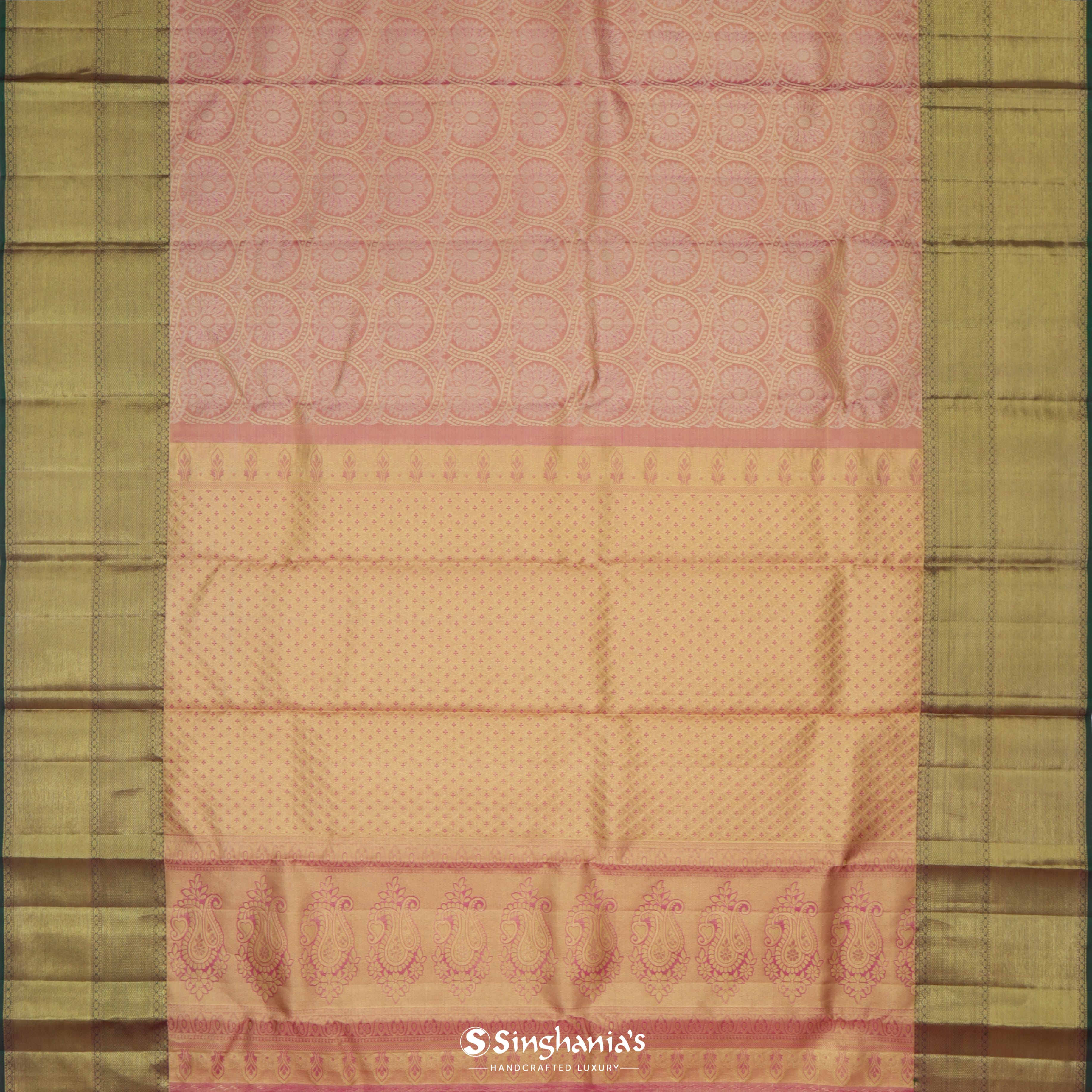 Light Coral Kanjivaram Silk Saree With Striped Floral Pattern