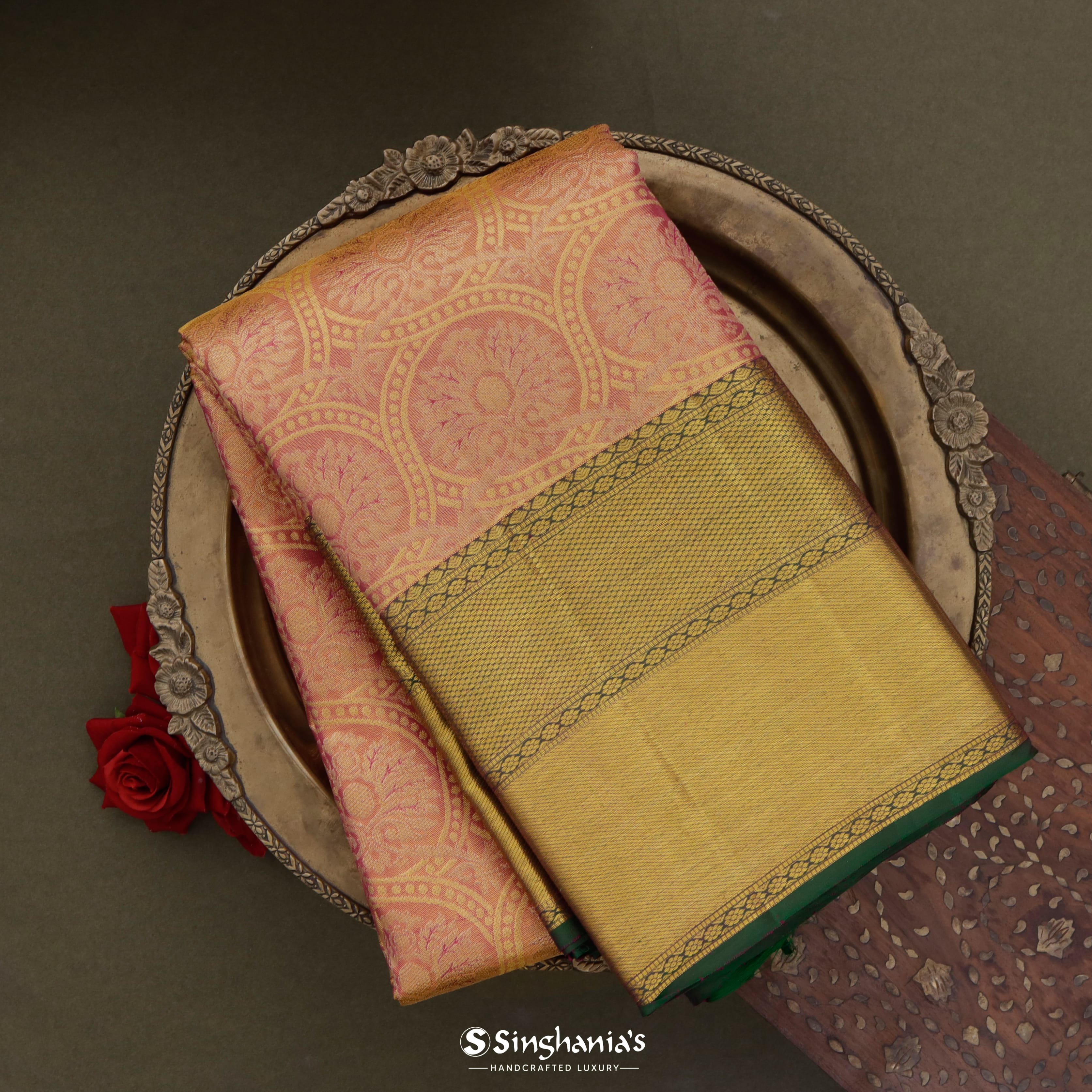 Light Coral Kanjivaram Silk Saree With Striped Floral Pattern