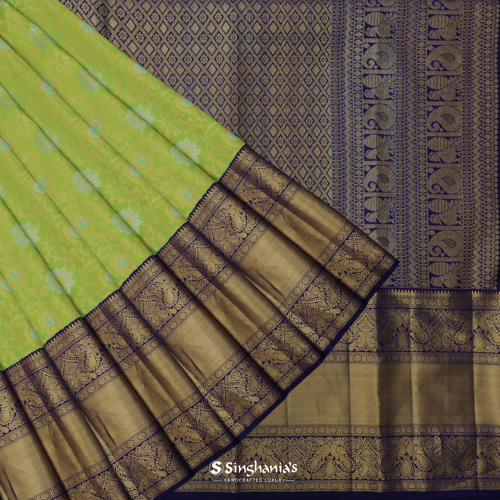 Inchworm Green Kanjivaram Silk Saree With Floral Jaal Weaving