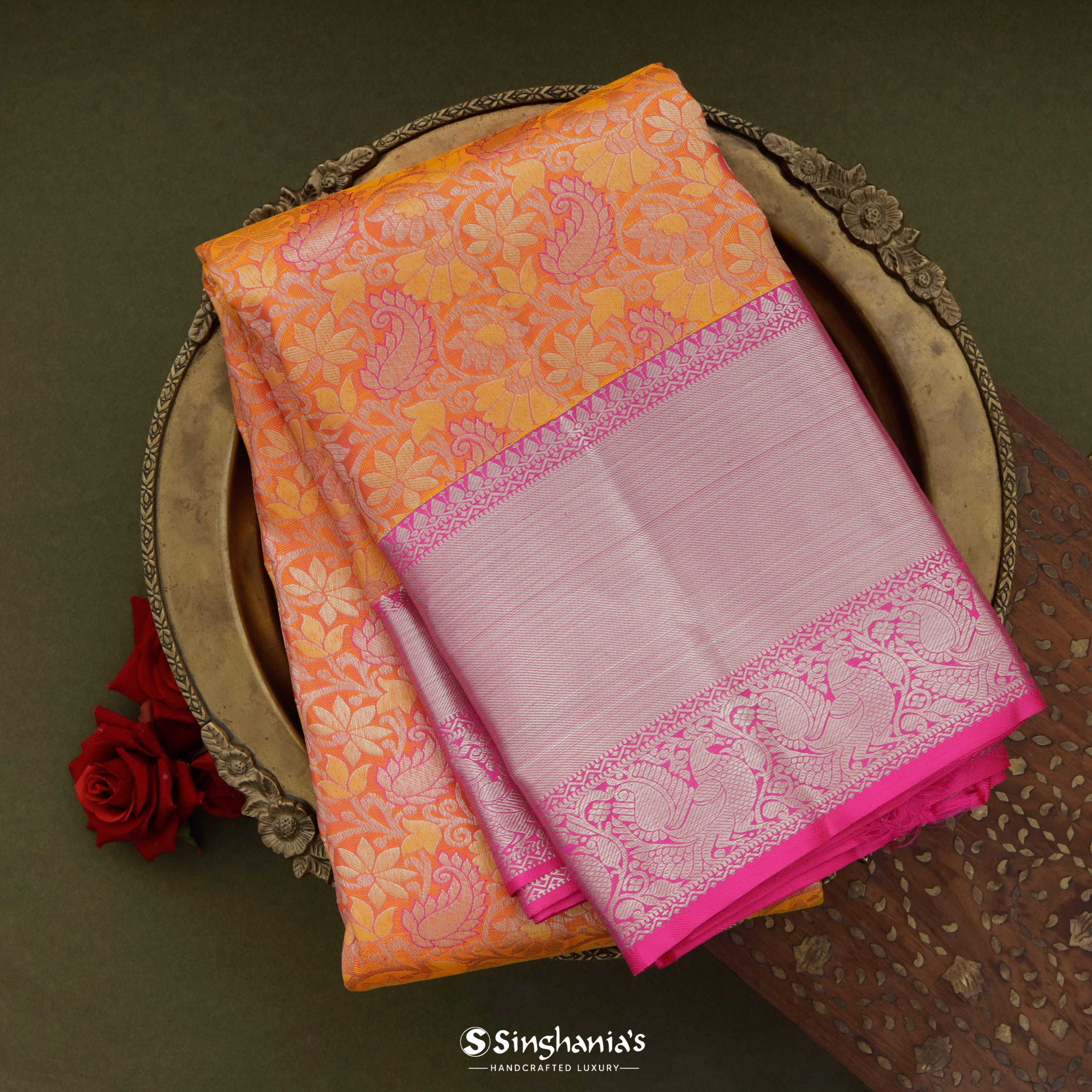 Tiger Orange Kanjivaram Silk Saree With Floral Jaal Pattern