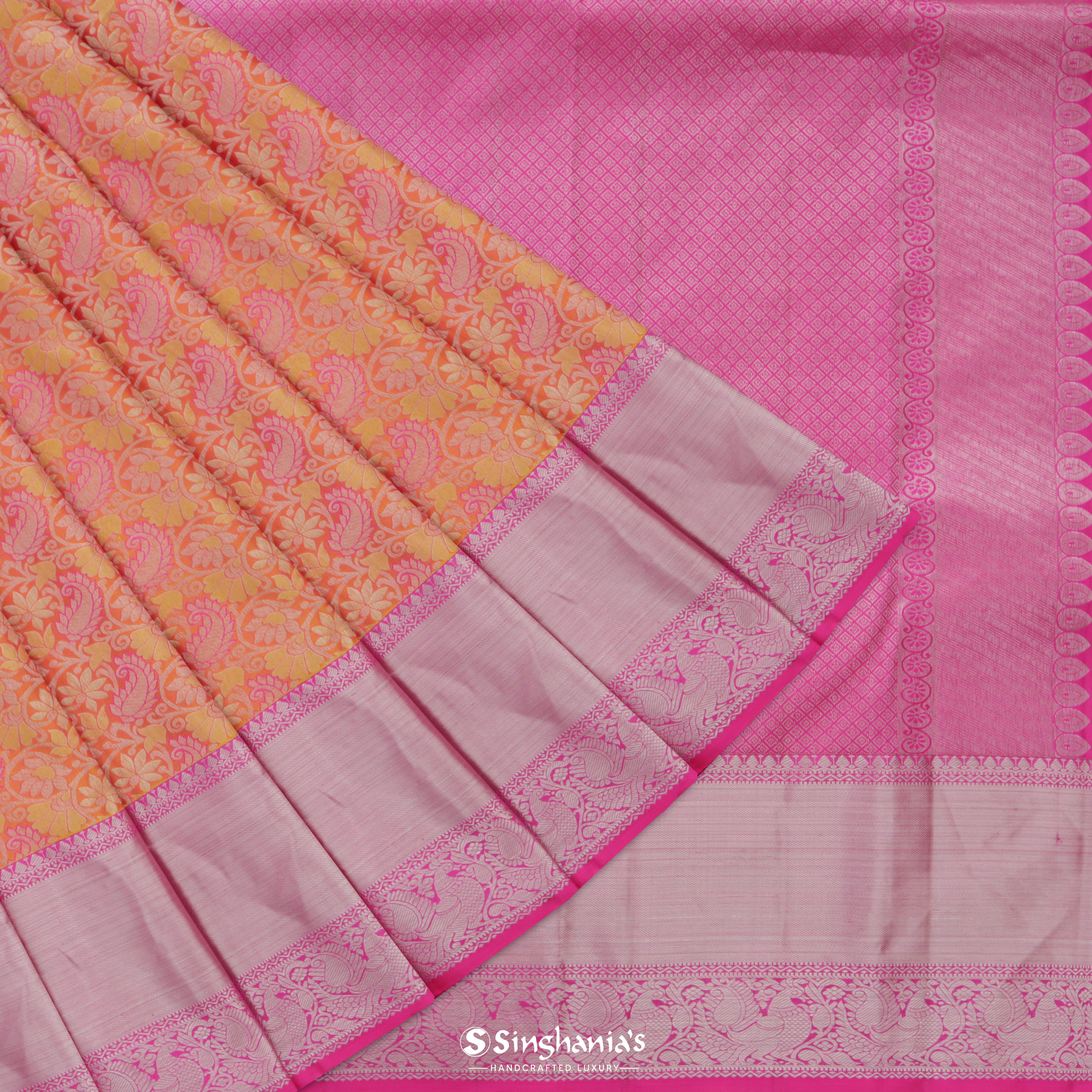 Tiger Orange Kanjivaram Silk Saree With Floral Jaal Pattern