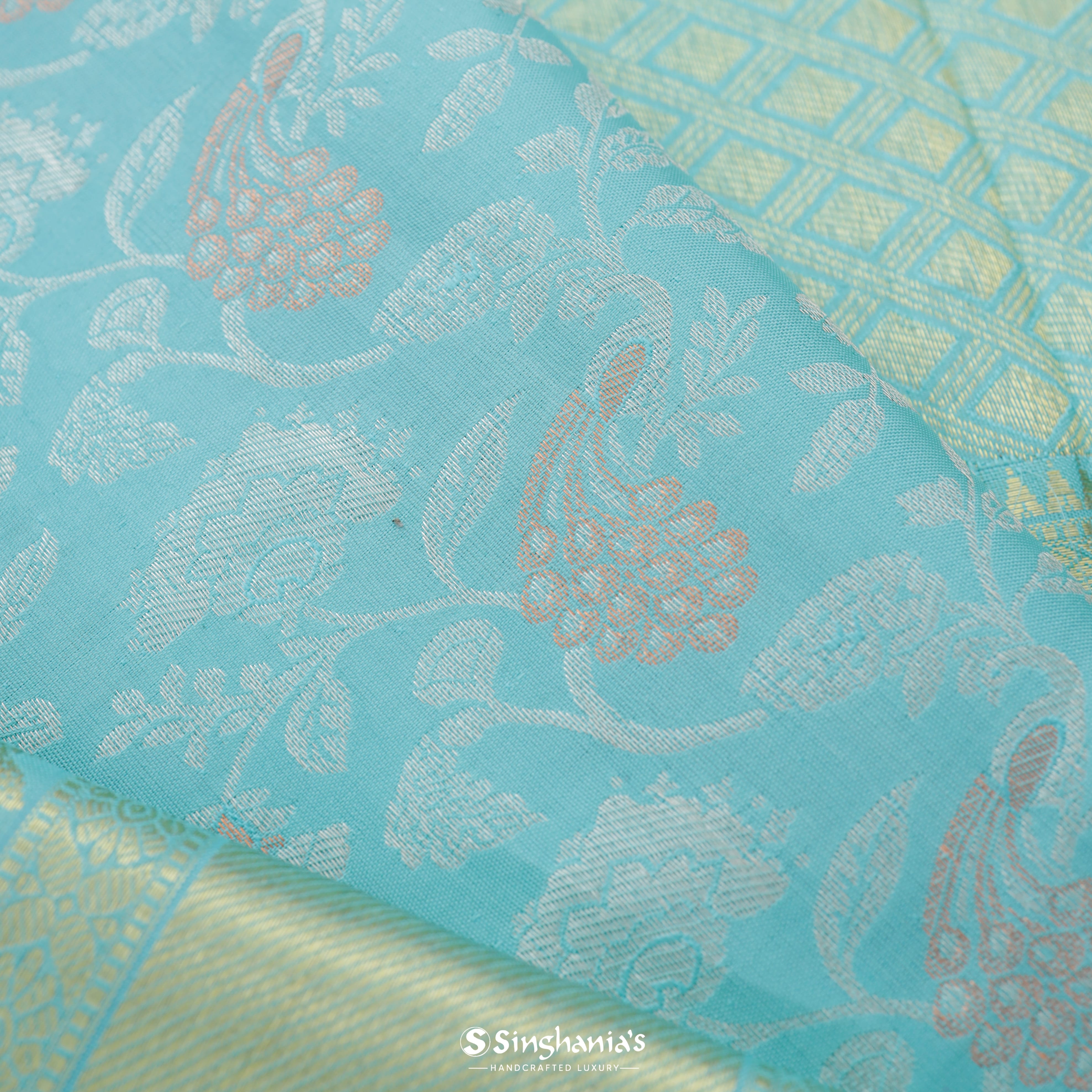 Sky Blue Kanjivaram Silk Saree With Floral Jaal Design