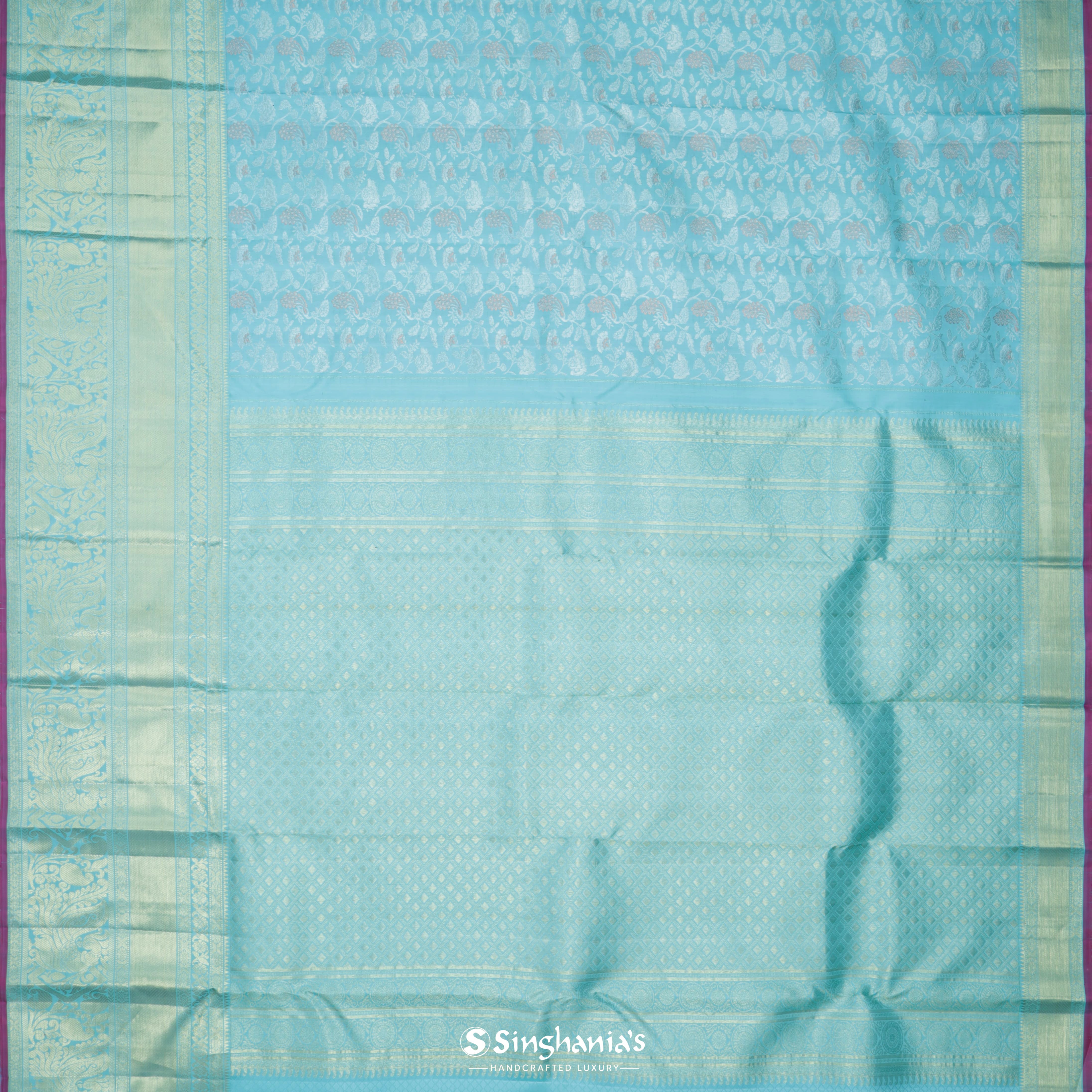 Sky Blue Kanjivaram Silk Saree With Floral Jaal Design