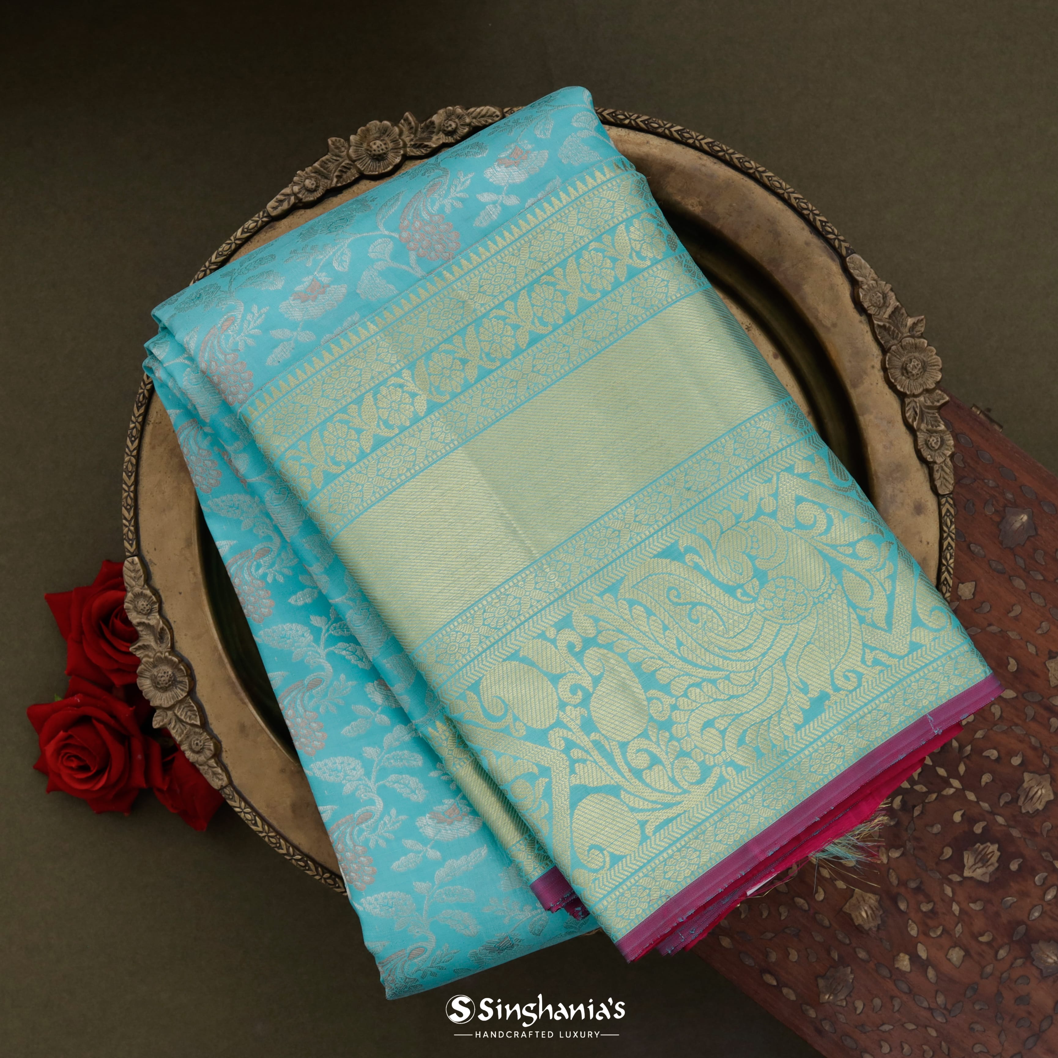 Sky Blue Kanjivaram Silk Saree With Floral Jaal Design