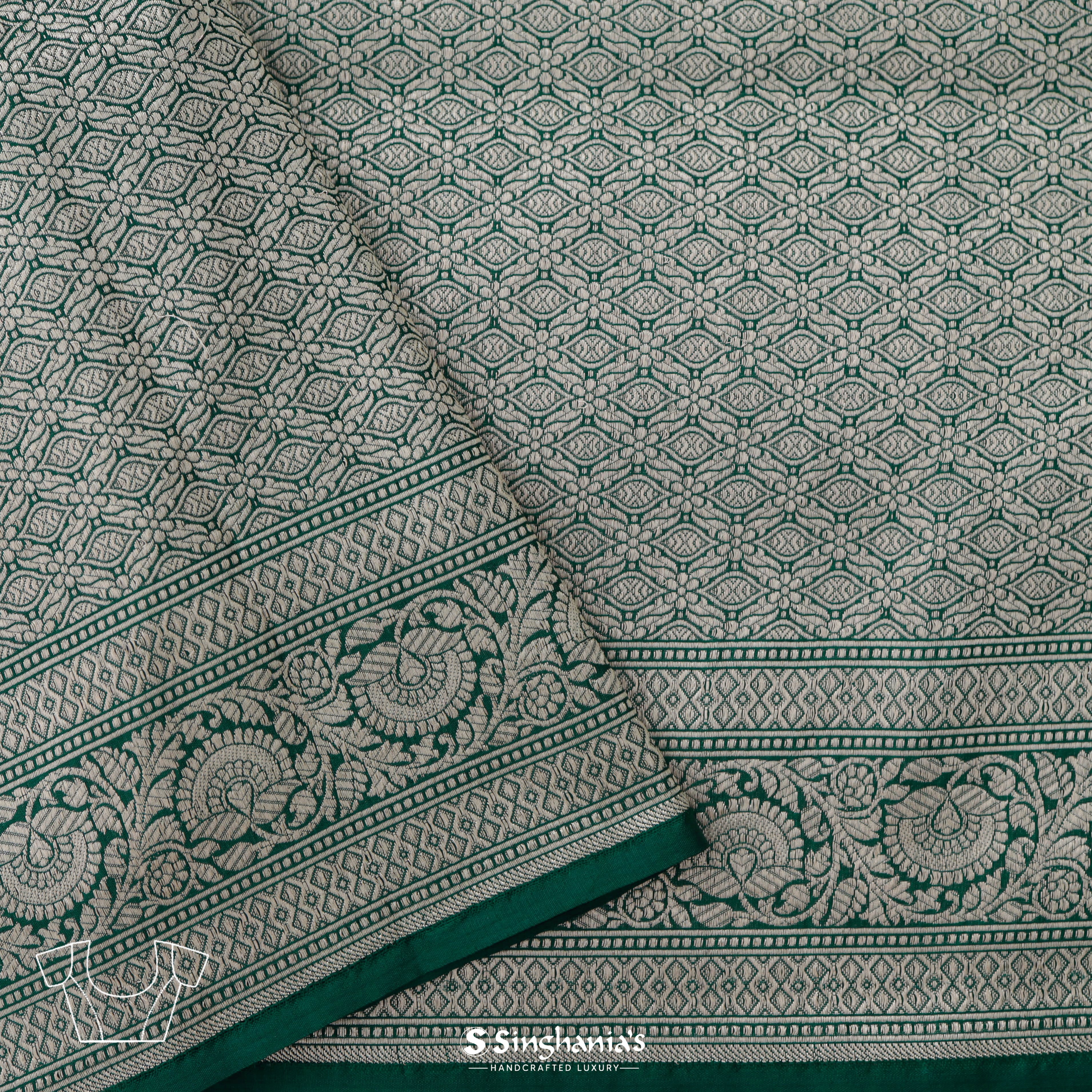 Tropical Rainforest Green Silk Banarasi Saree With Floral Buttas