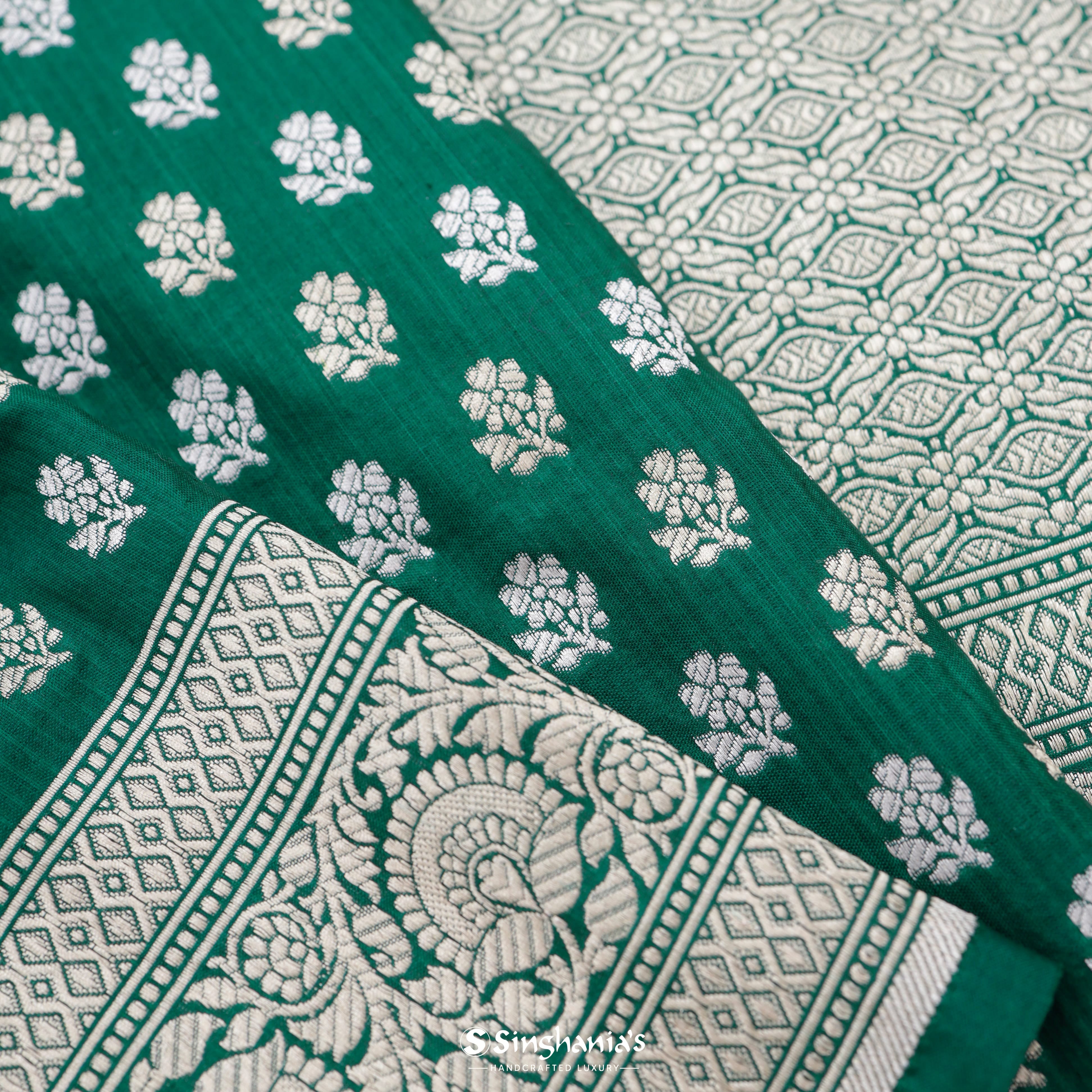 Tropical Rainforest Green Silk Banarasi Saree With Floral Buttas