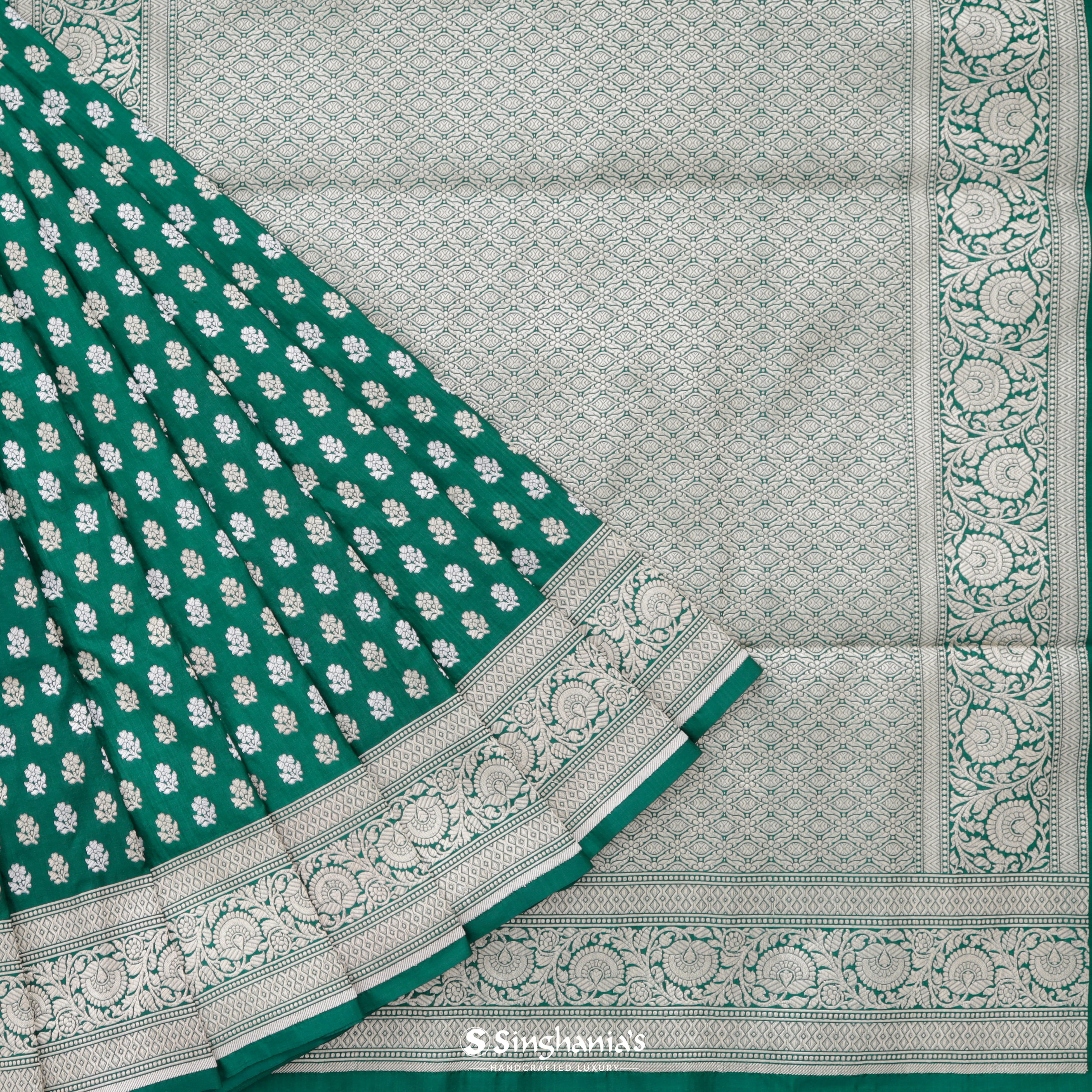 Tropical Rainforest Green Silk Banarasi Saree With Floral Buttas