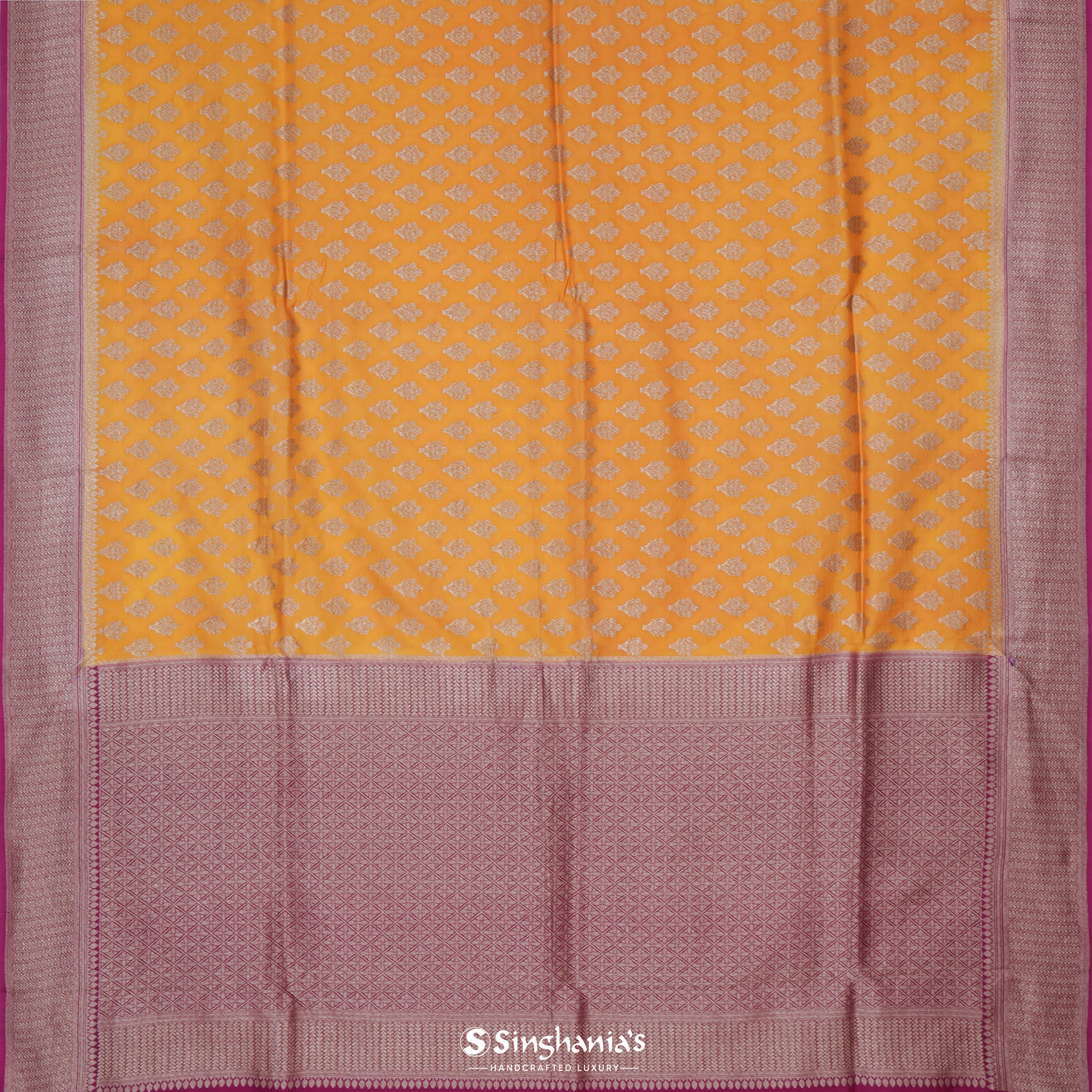 Orange Yellow Silk Banarasi Saree With Floral Buttis