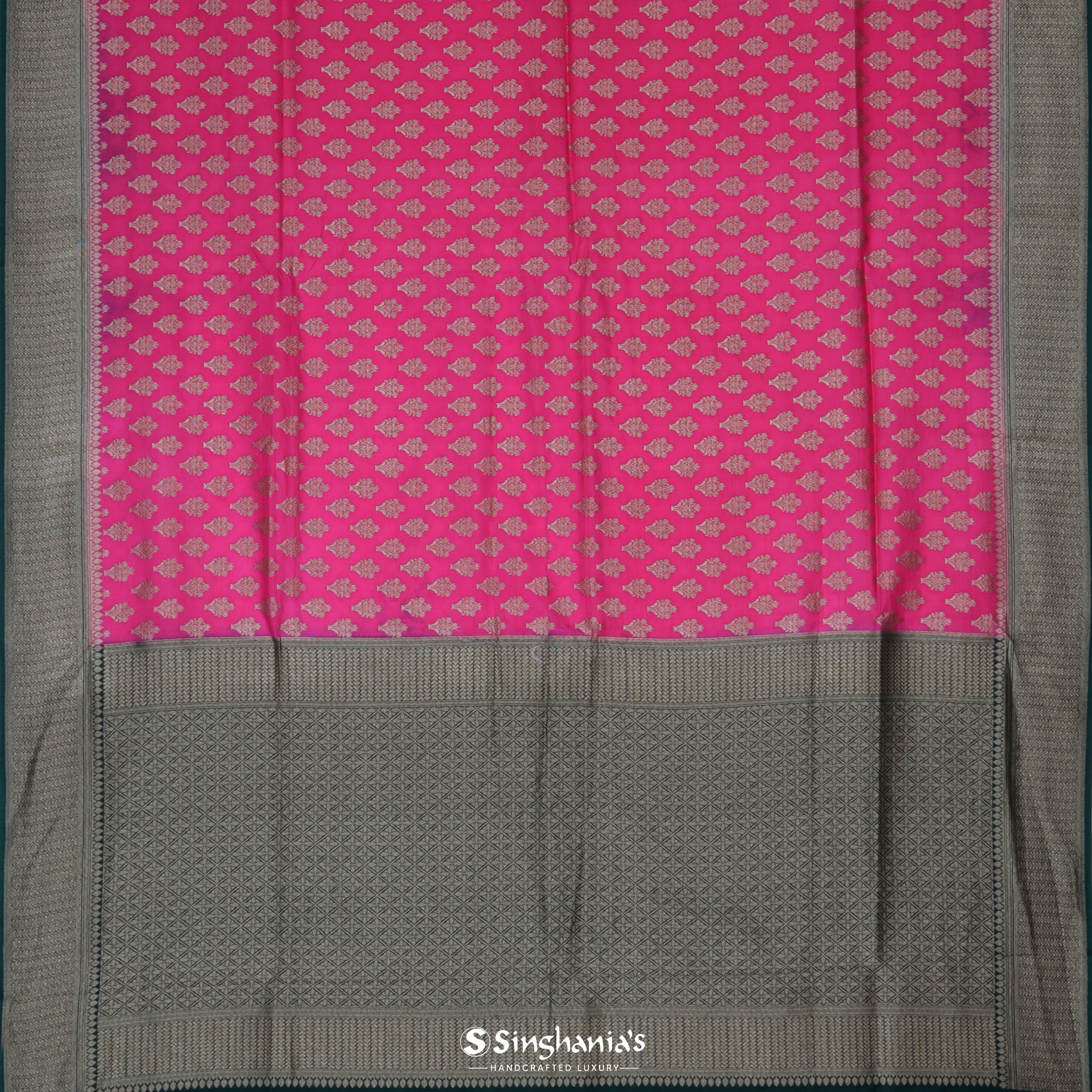 Hot Pink Silk Banarasi Saree With Floral Buttis