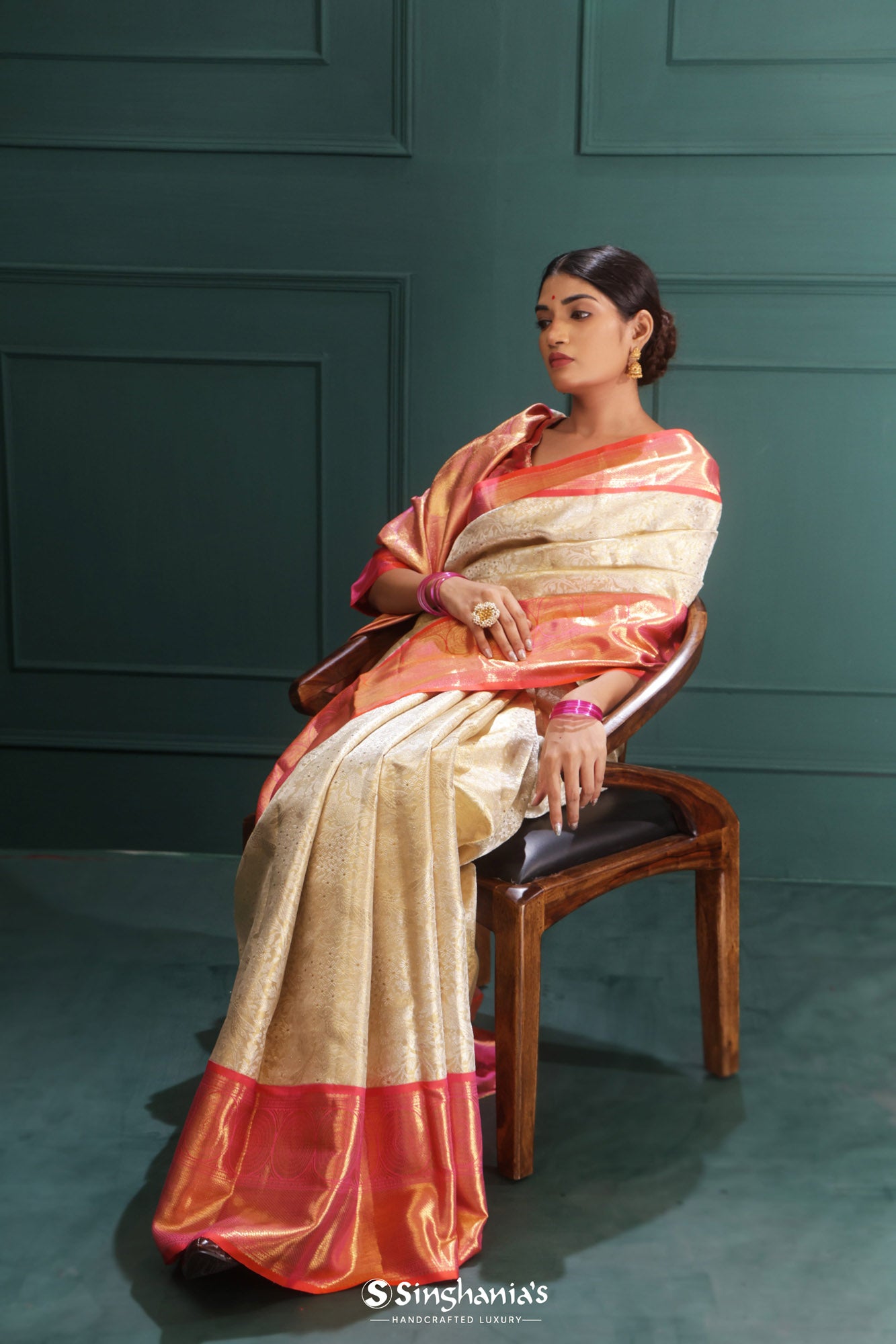 Honey Beige Kanjivaram Silk Saree With Floral And Birds Design