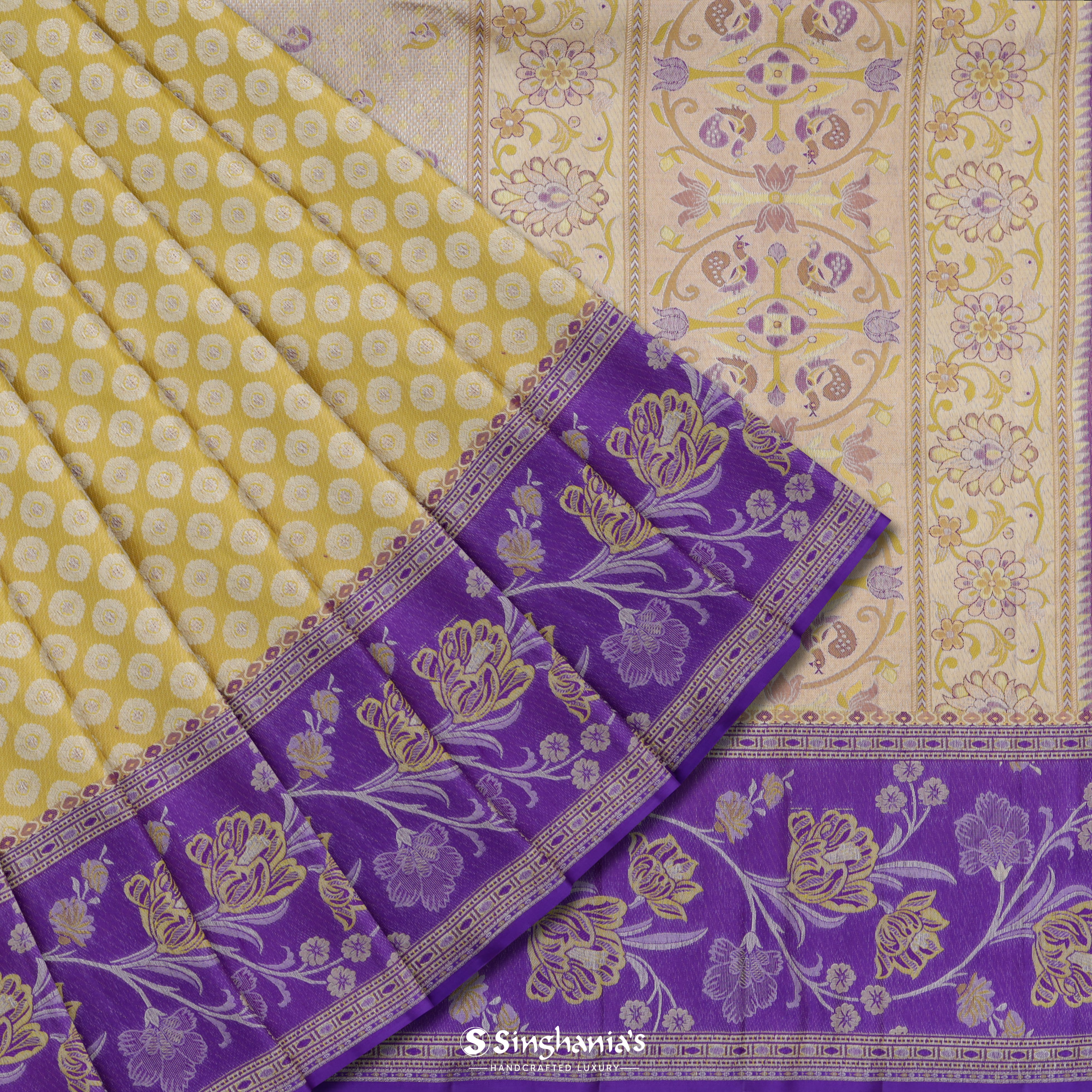 Sapphire Corn Yellow Kanjivaram Silk Saree With Floral Buttas