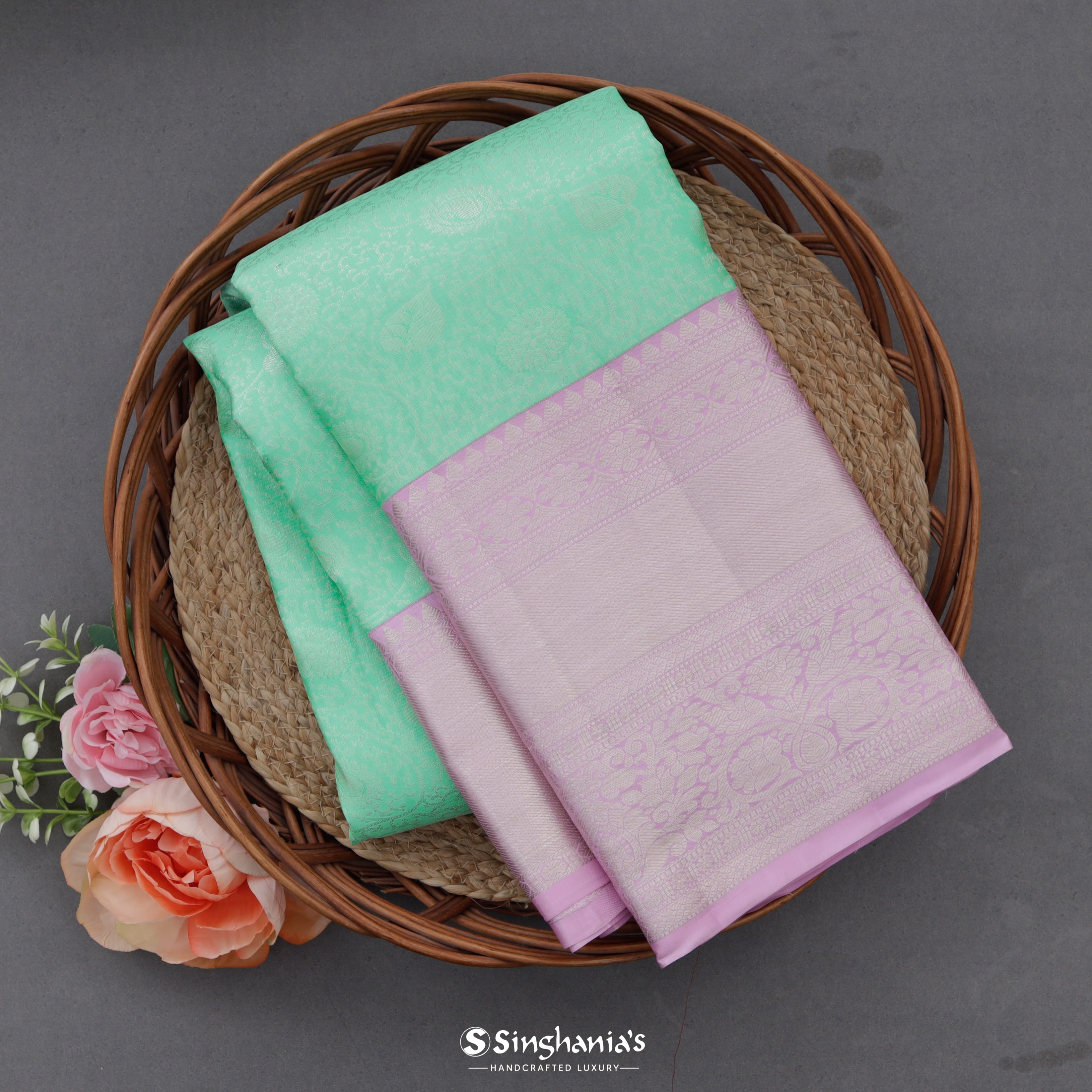 Mint Green Kanjivaram Silk Saree With Contrast Border