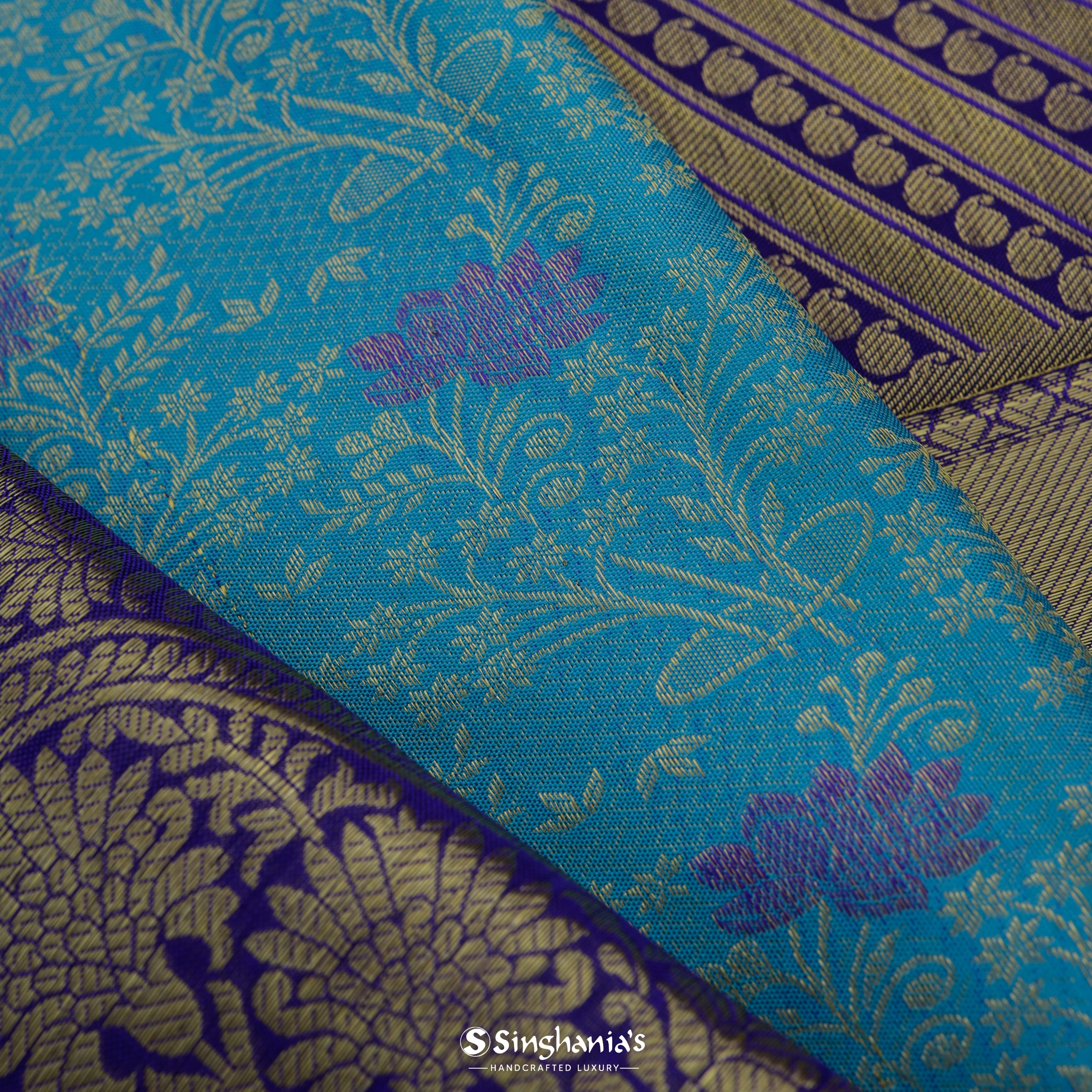 Cerulean Blue Kanjivaram Silk Saree With Floral Pattern