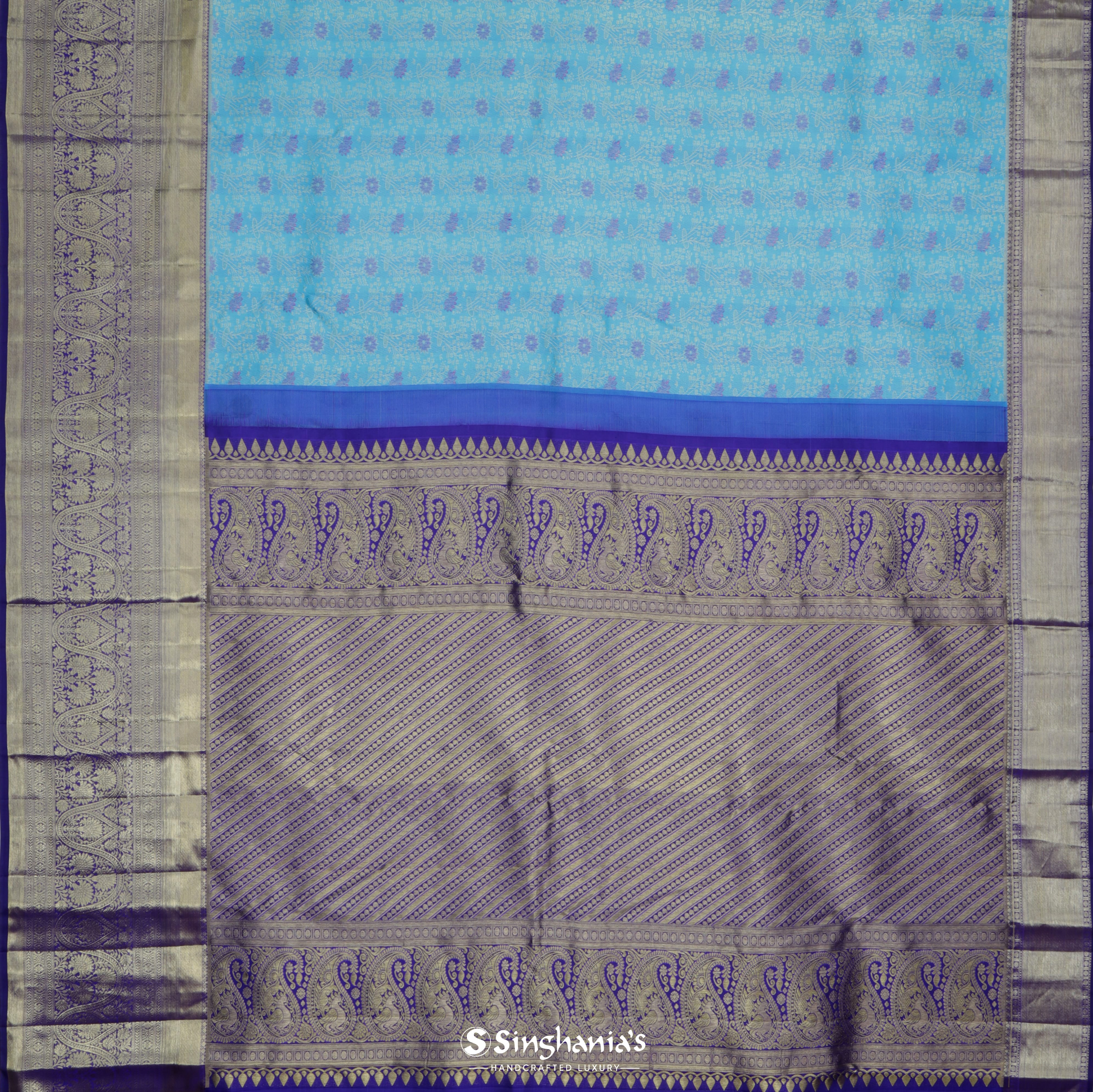 Cerulean Blue Kanjivaram Silk Saree With Floral Pattern