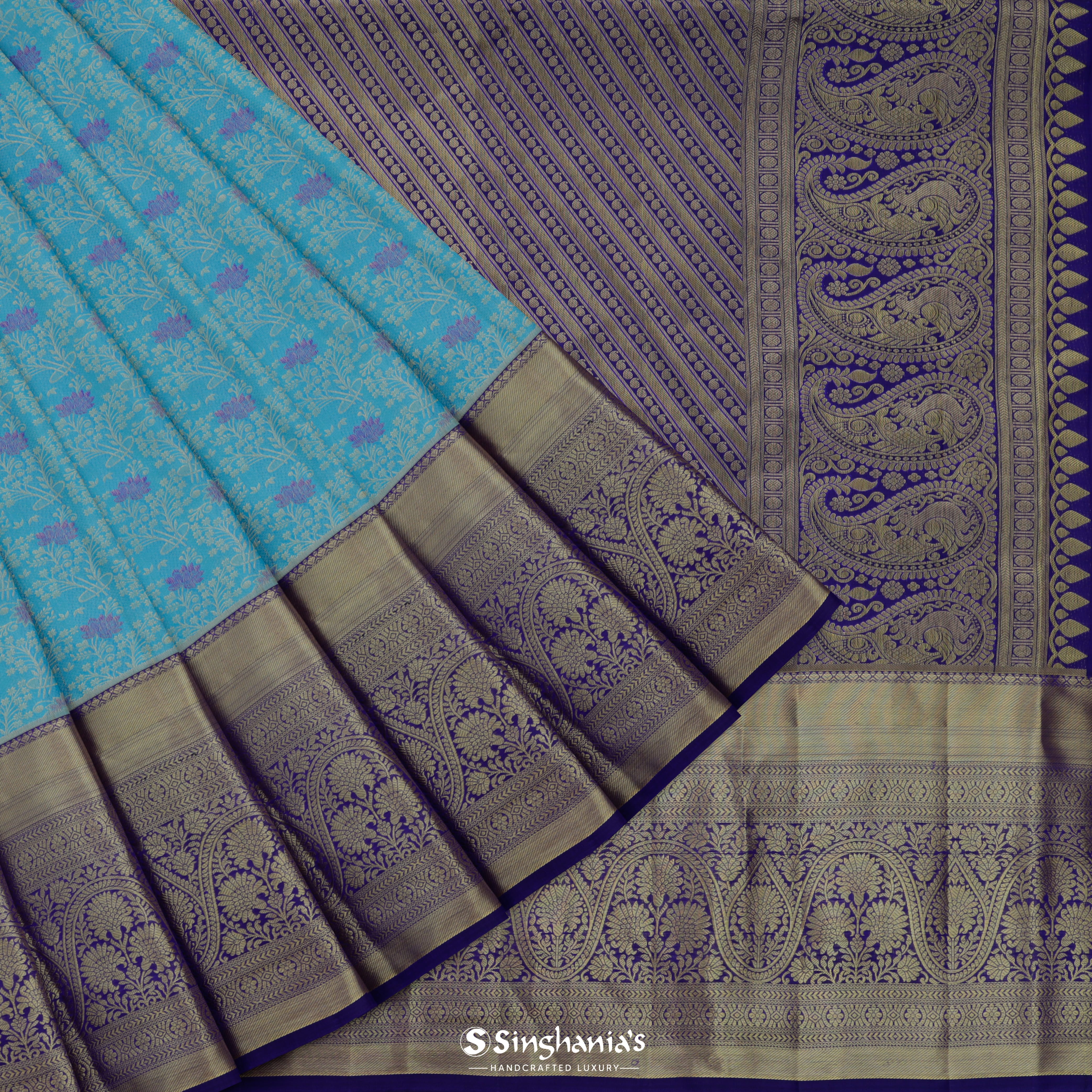 Cerulean Blue Kanjivaram Silk Saree With Floral Pattern