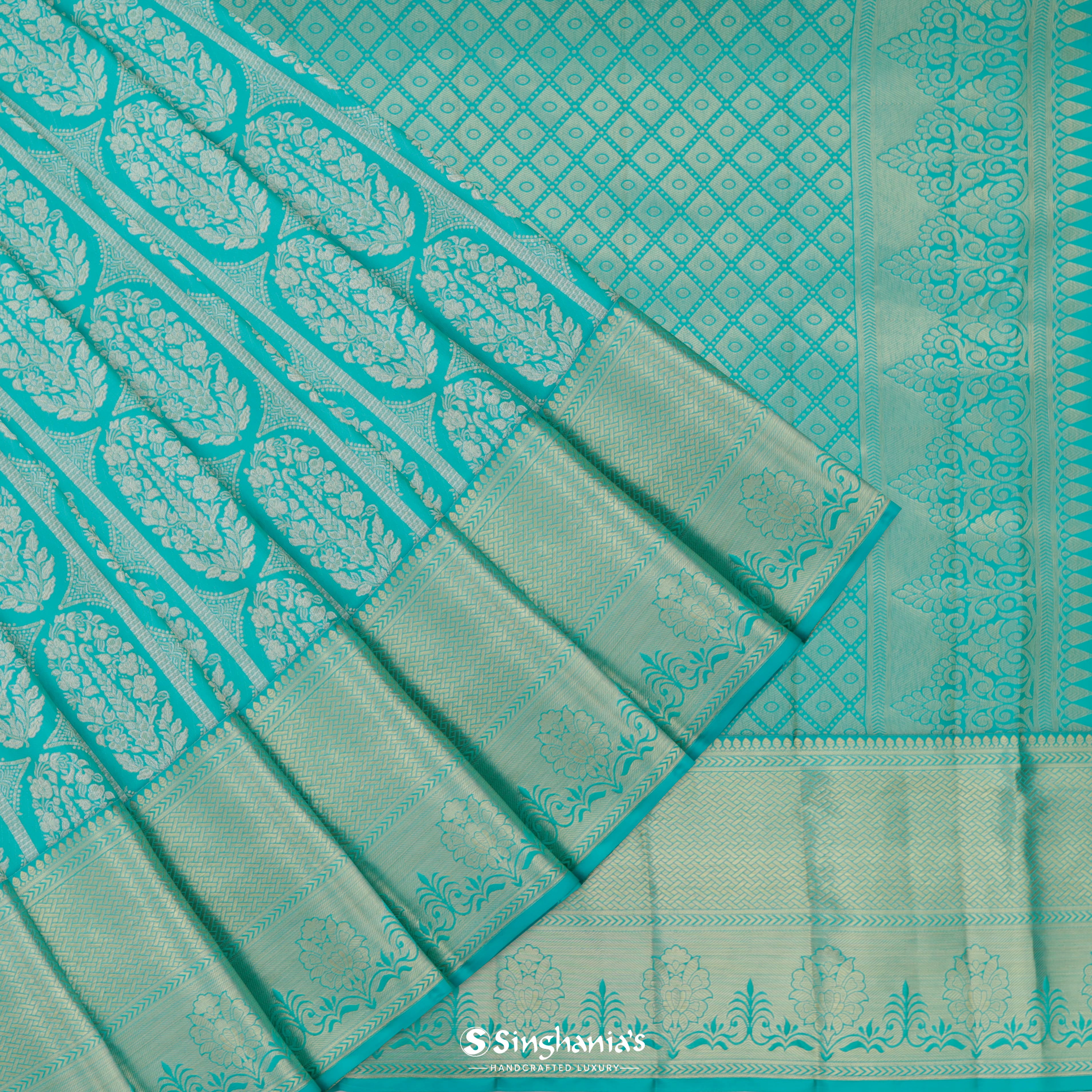 Aqua Green Kanjivaram Silk Saree With Floral Pattern