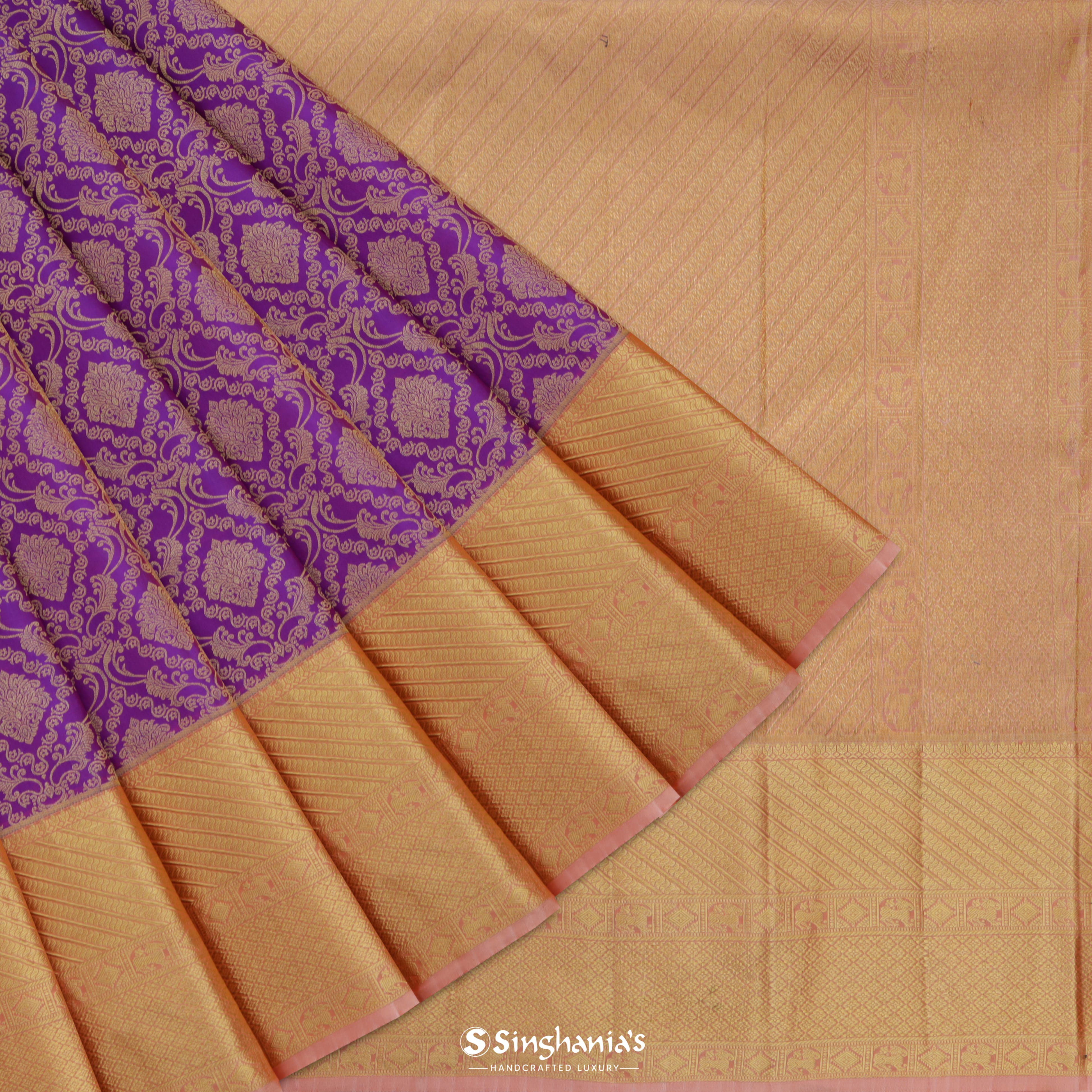 Dark Orchid Kanjivaram Silk Saree With Floral Pattern