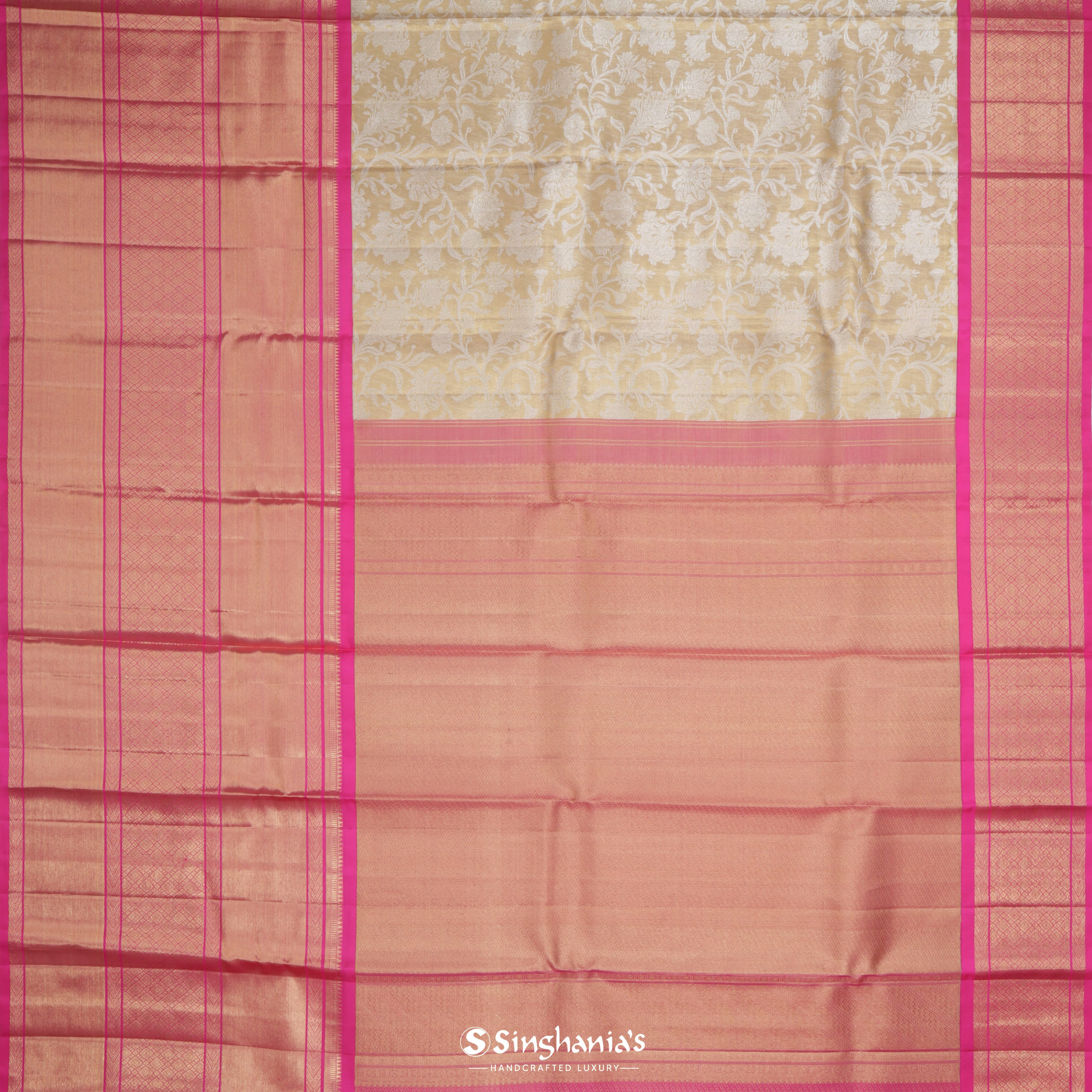 Peach Orange Kanjivaram Silk Saree With Floral Jaal Pattern