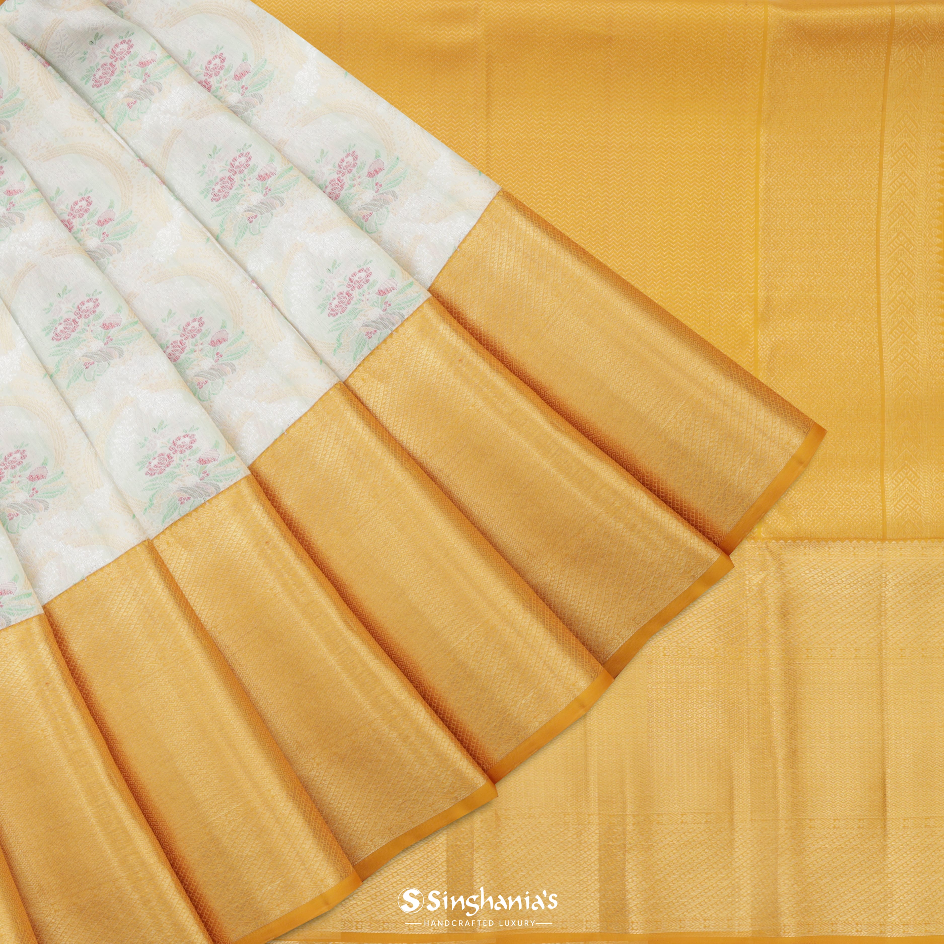 Pale Butter Yellow Kanjivaram Silk Saree With Floral Pattern