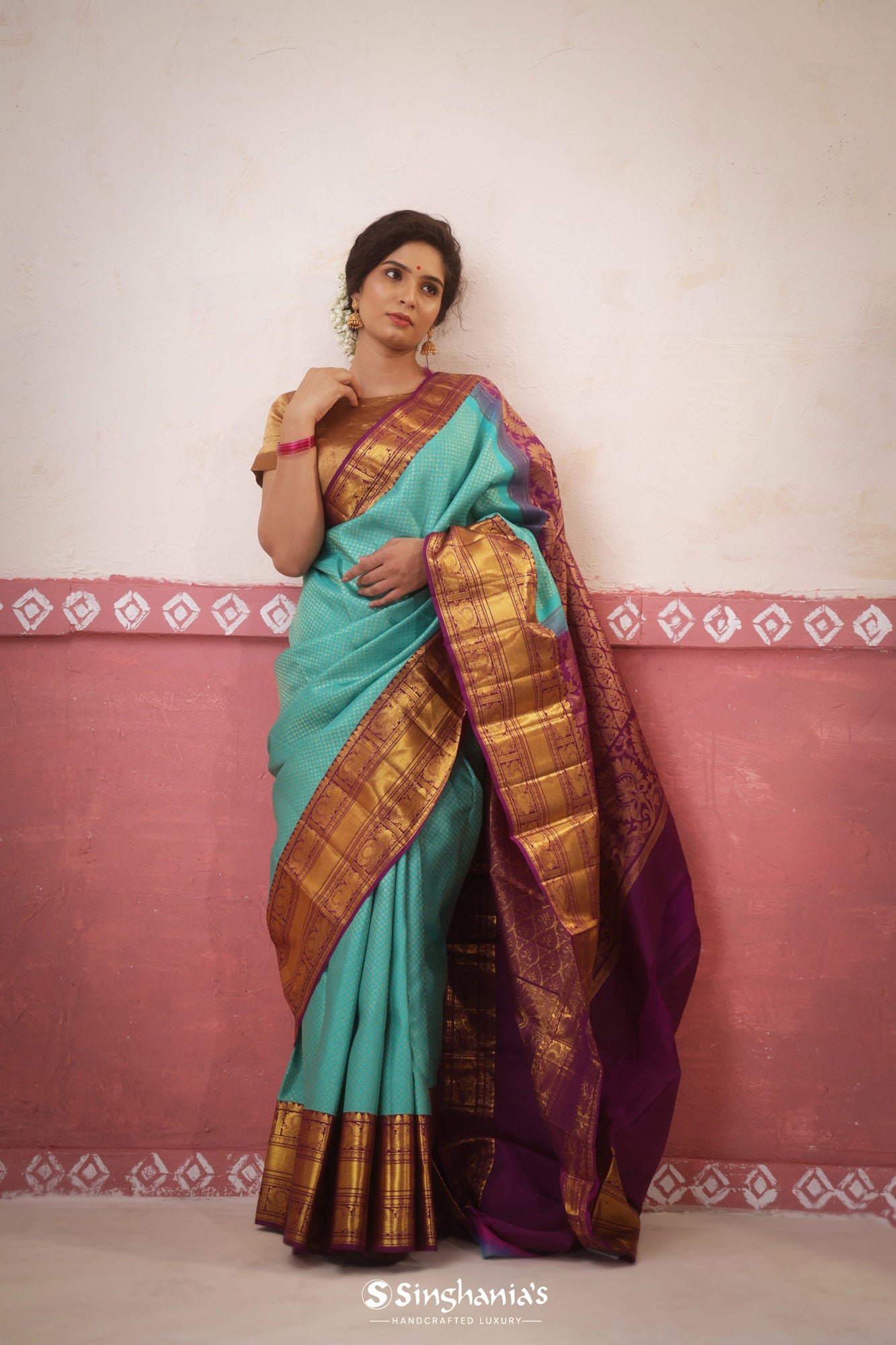 Ice Blue Kanjivaram Silk Saree With Tiny Buttis