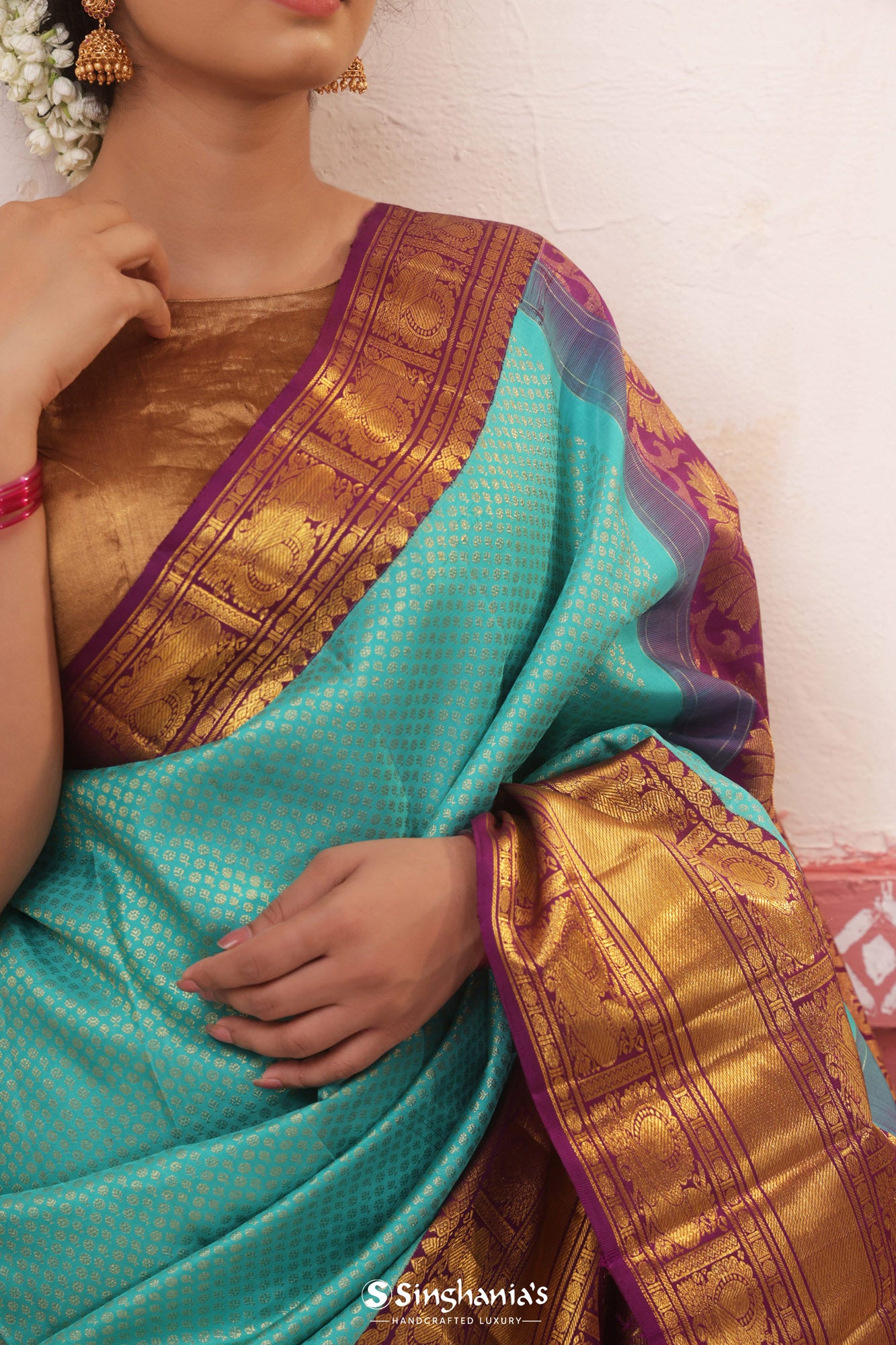 Ice Blue Kanjivaram Silk Saree With Tiny Buttis