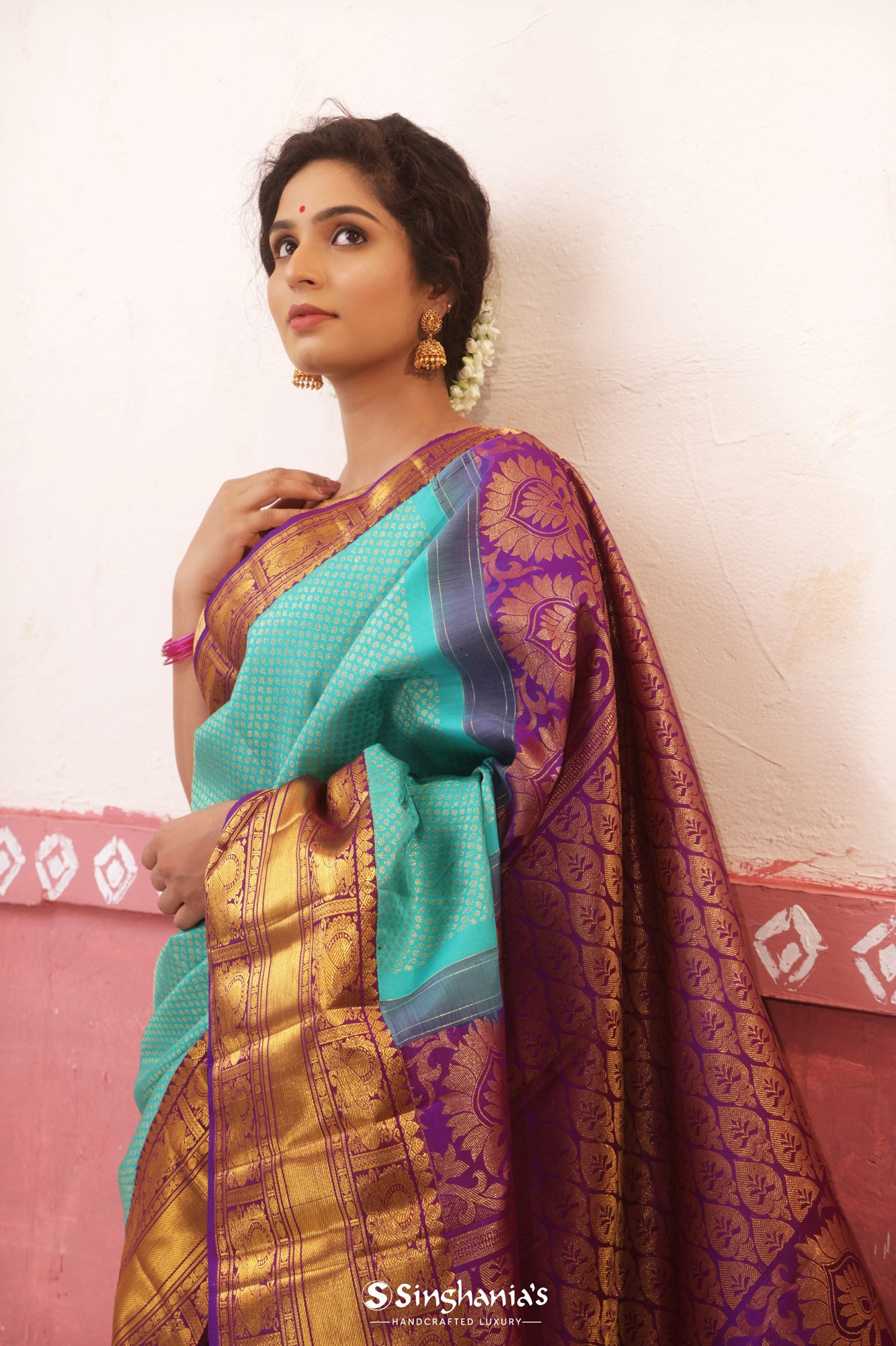 Ice Blue Kanjivaram Silk Saree With Tiny Buttis