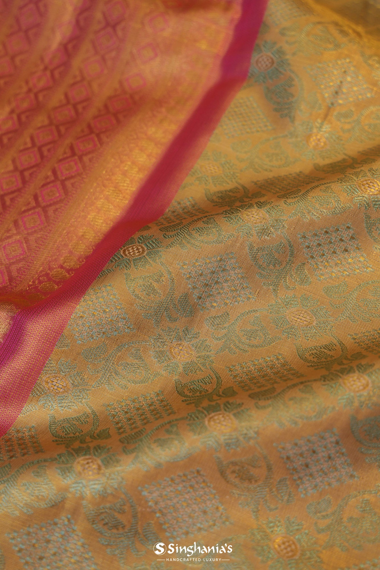 Indian Yellow Kanjivaram Silk Saree With Floral Jaal Pattern