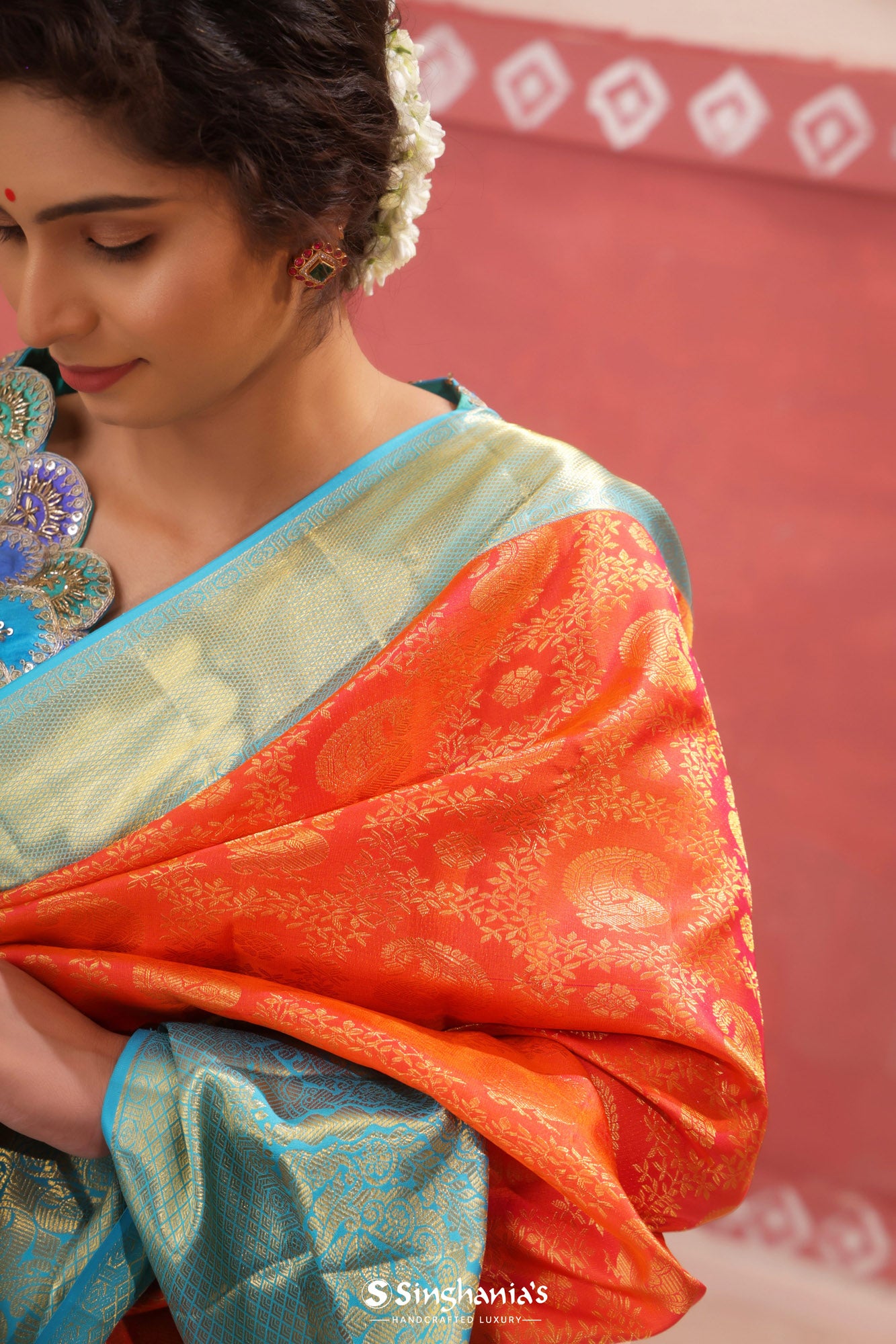 Flame Orange Kanjivaram Silk Saree With Floral Jaal Design