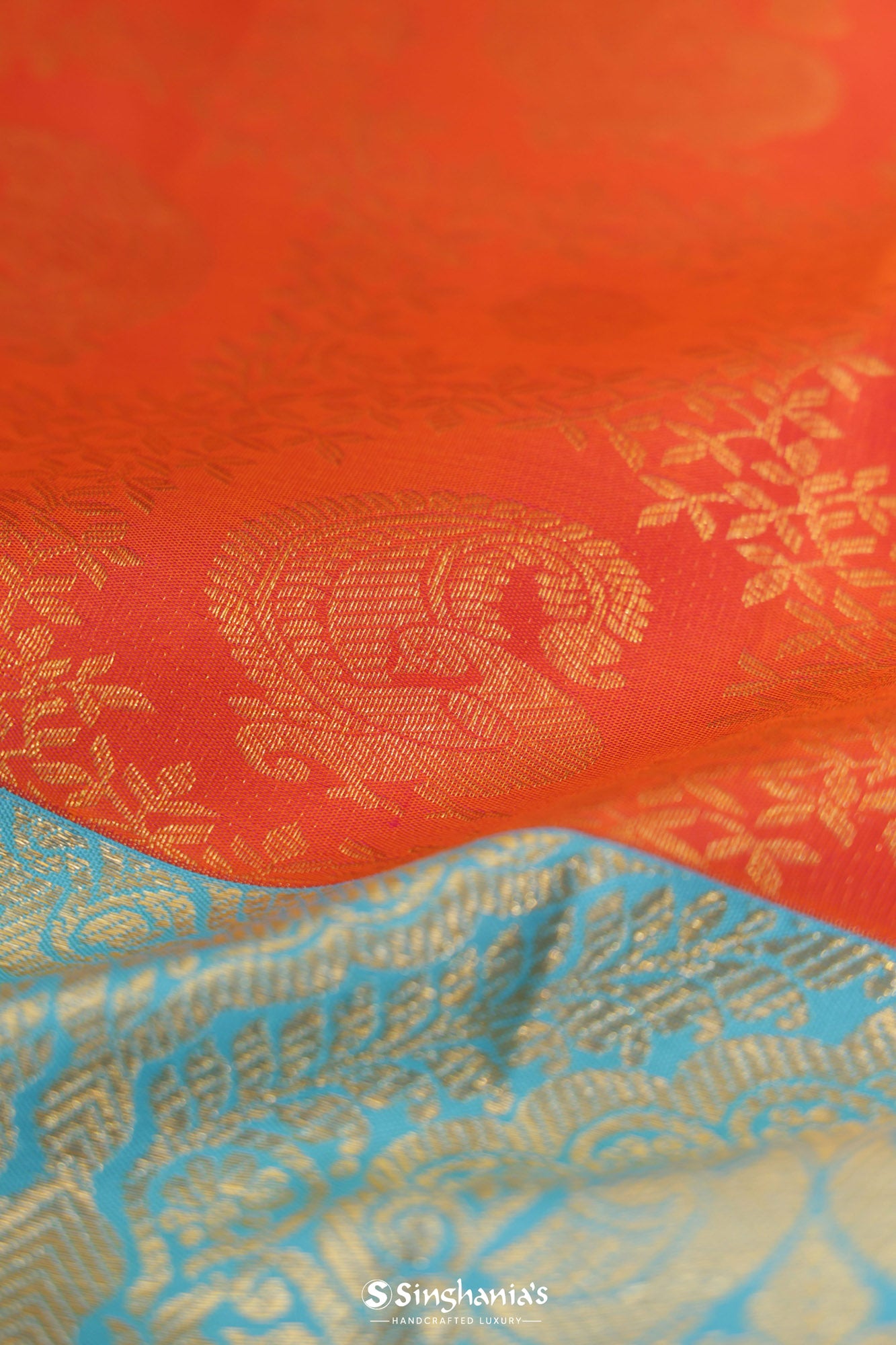 Flame Orange Kanjivaram Silk Saree With Floral Jaal Design