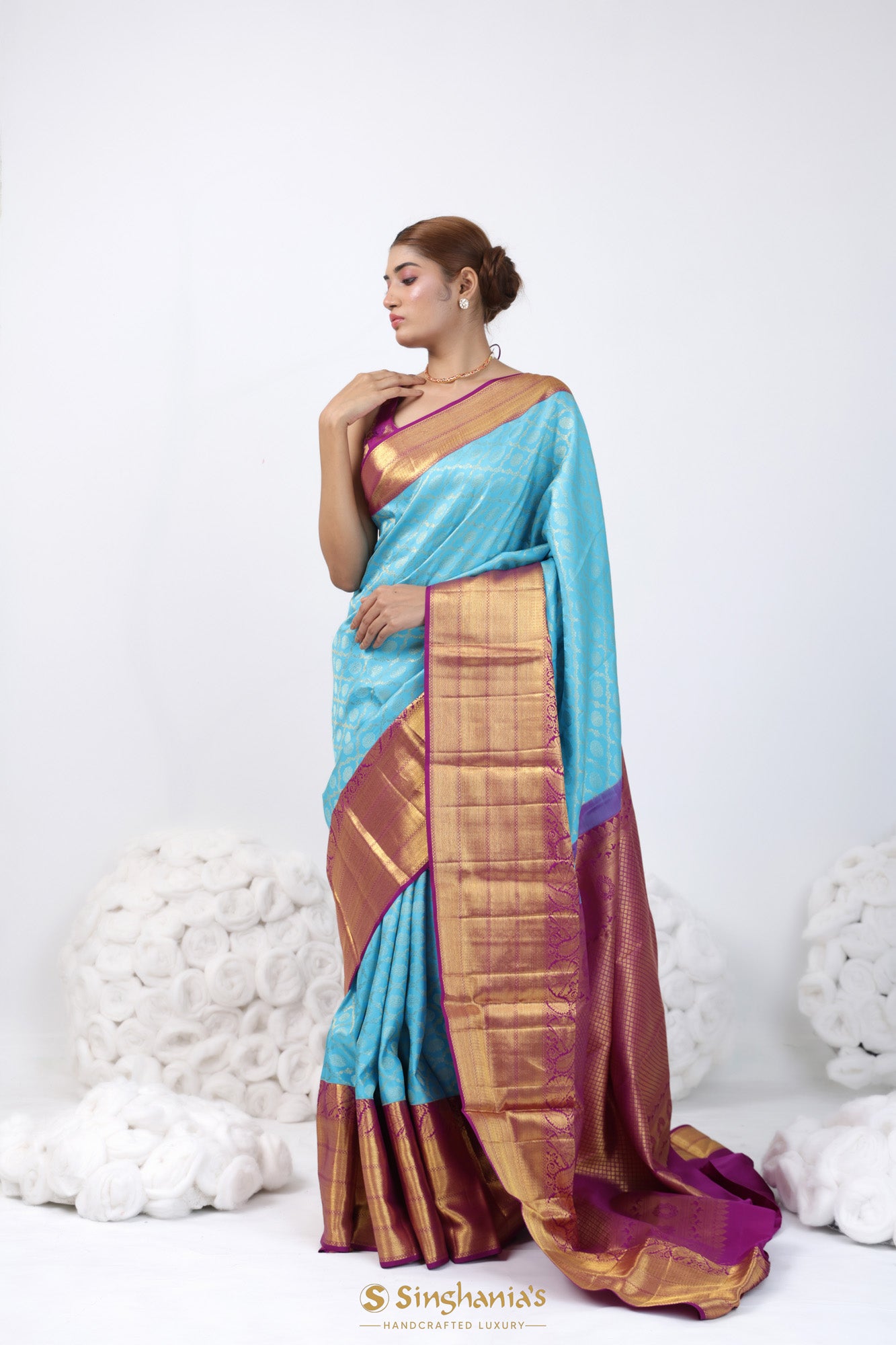 Bright Blue Kanjivaram Silk Saree With Floral Geometrical Weaving