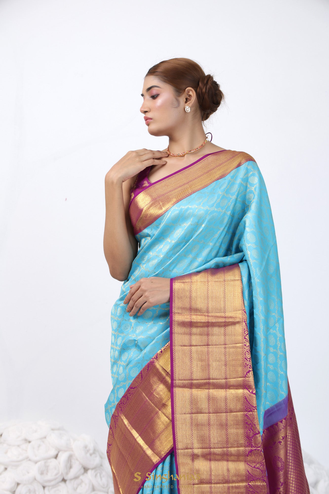 Bright Blue Kanjivaram Silk Saree With Floral Geometrical Weaving