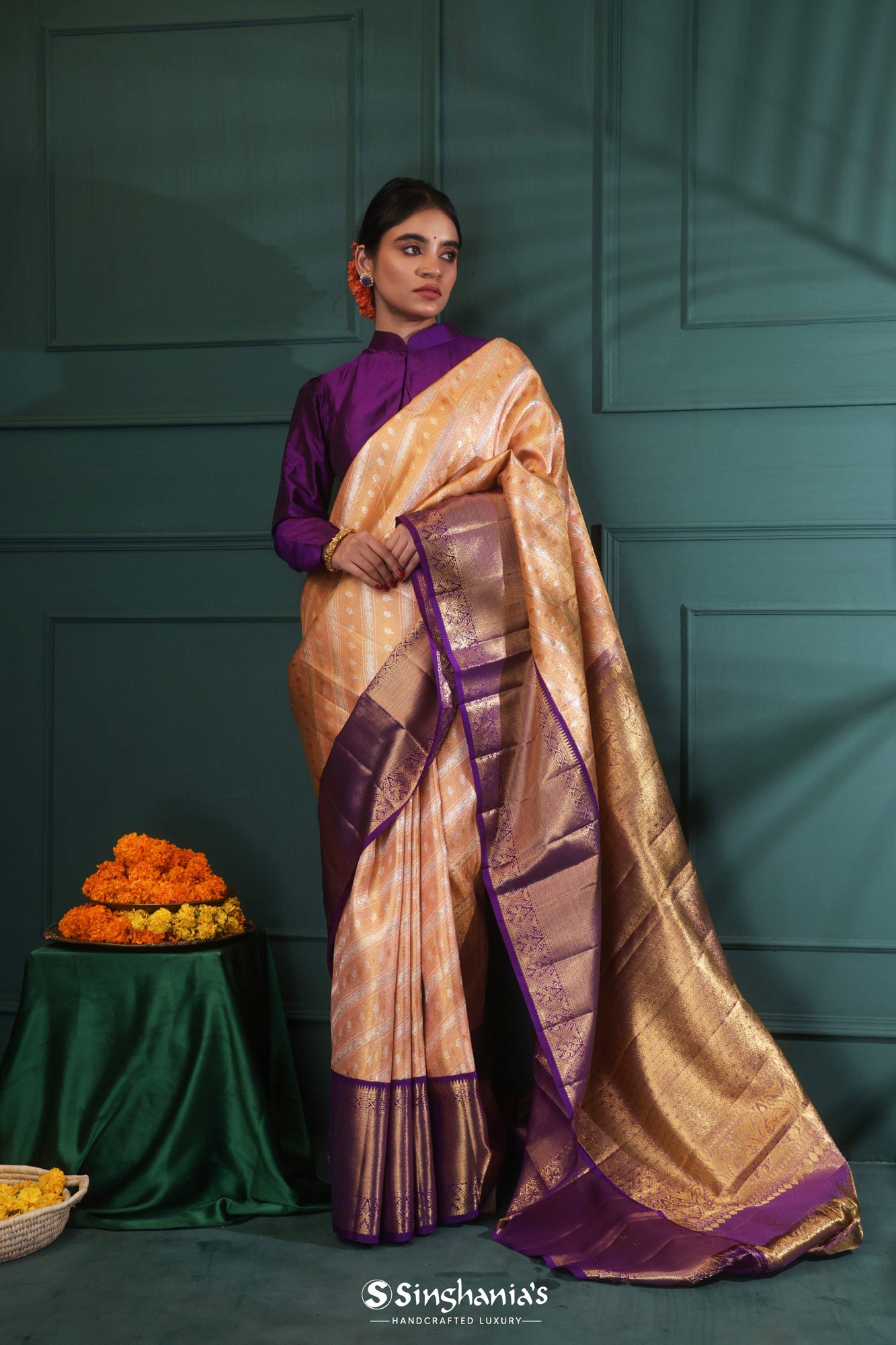 Apricot Peach Kanjivaram Silk Saree With Floral Stripes Pattern