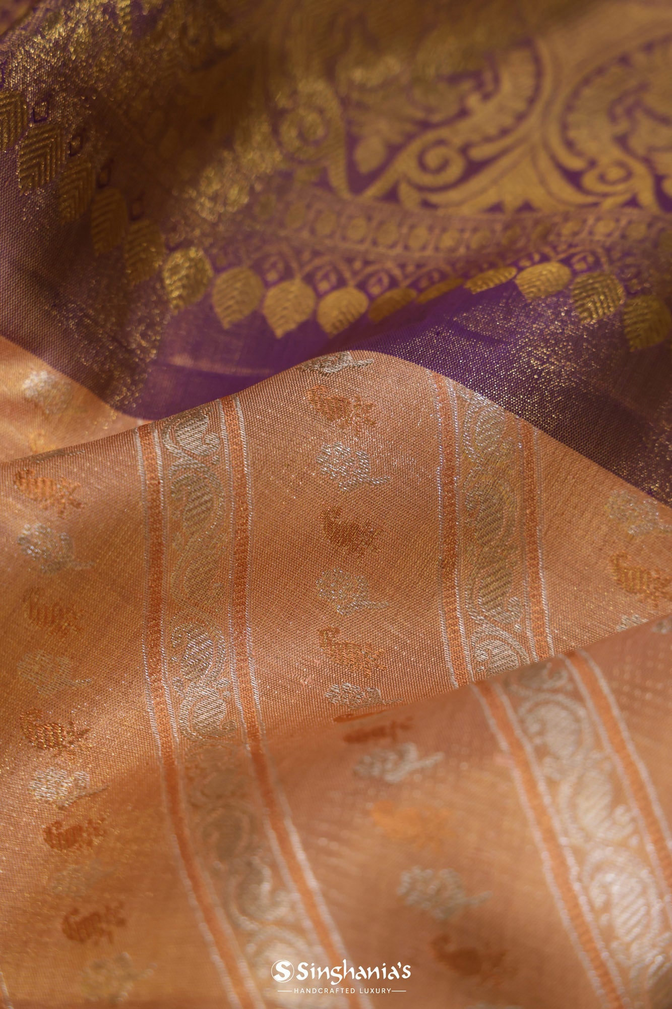 Apricot Peach Kanjivaram Silk Saree With Floral Stripes Pattern