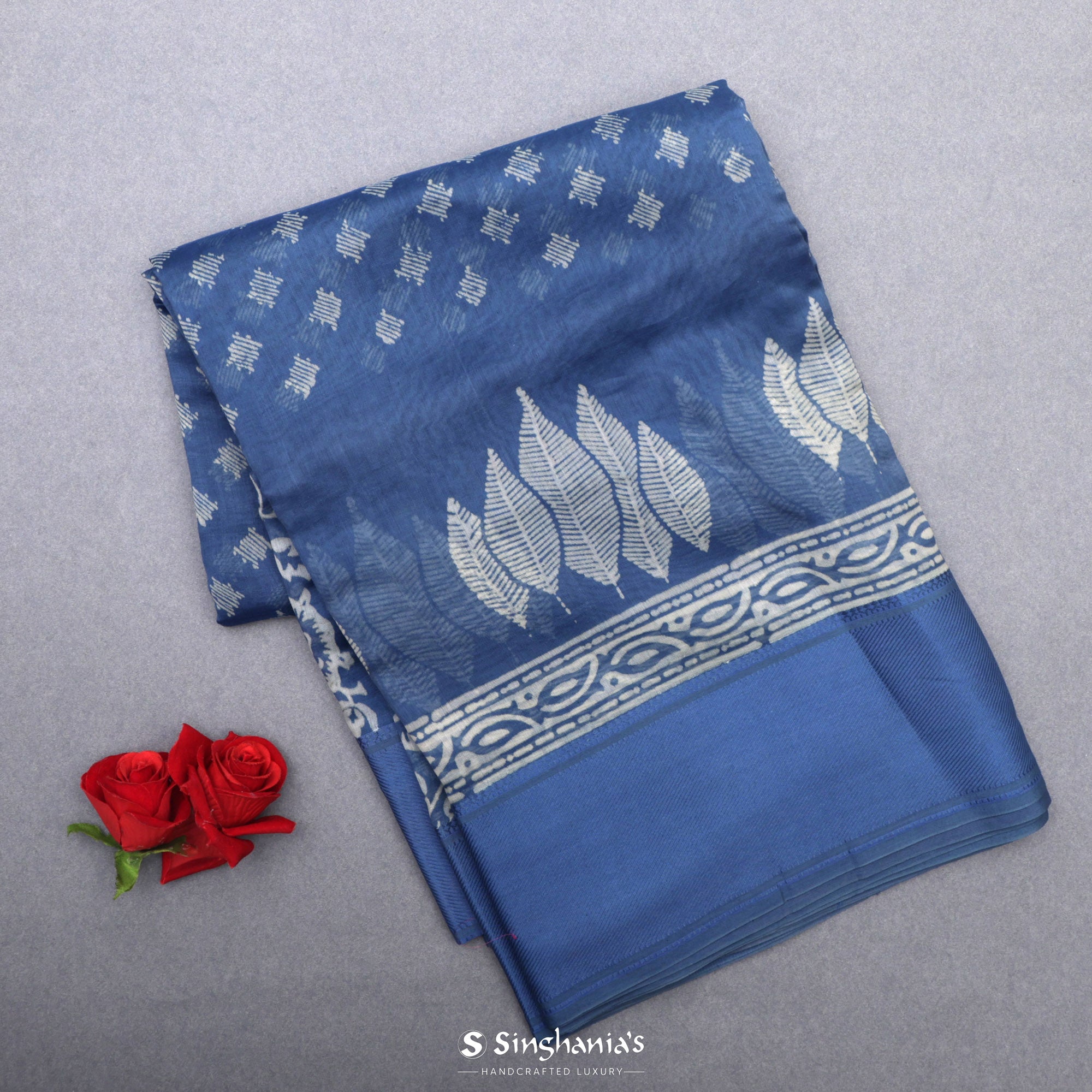Grey Blue Printed Chanderi Silk Saree With Floral Design