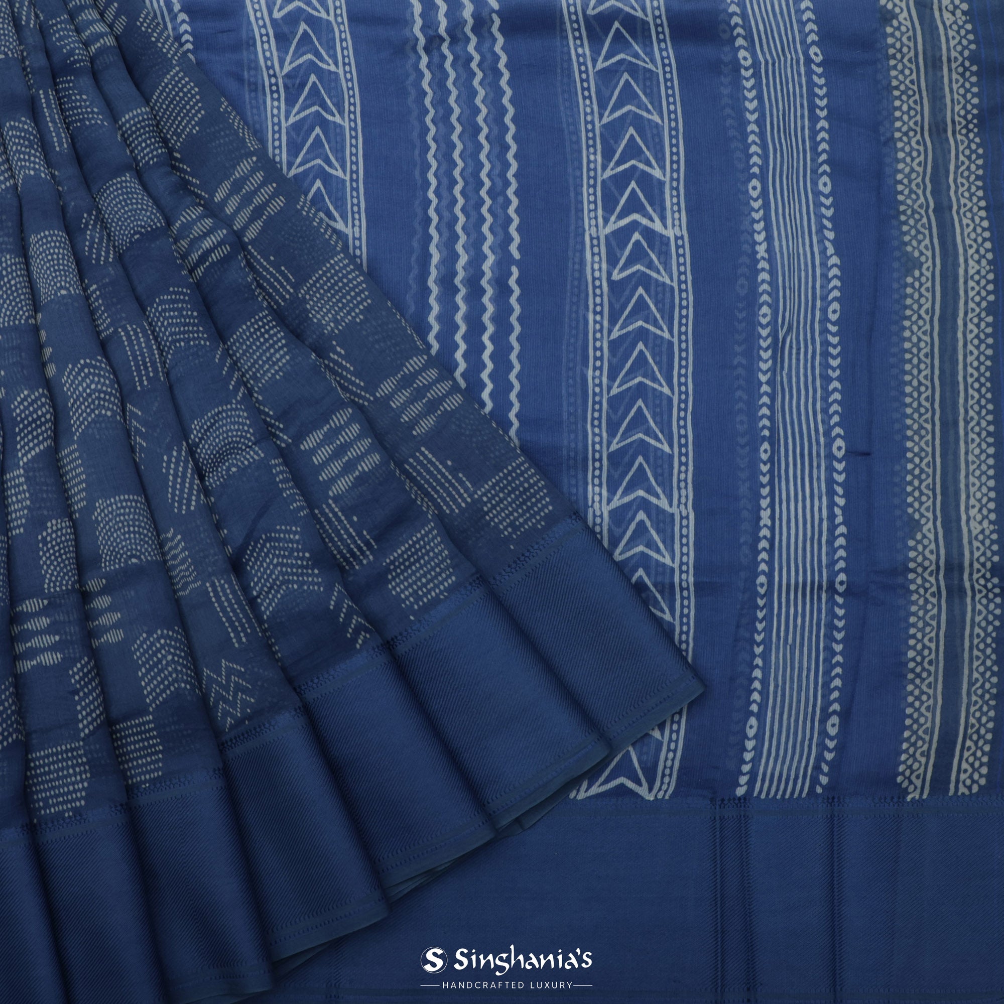 Sapphire Blue Printed Chanderi Silk Saree With Geometrical Pattern