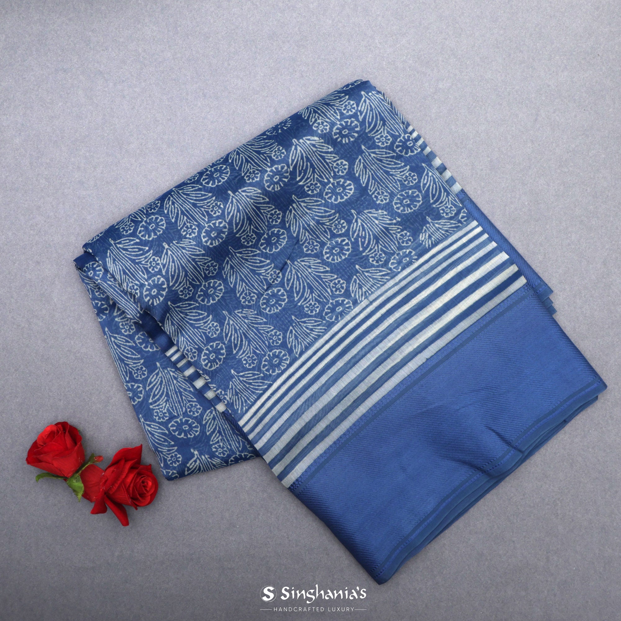 Medium Sapphire Blue Printed Chanderi Silk Saree With Floral Motif Pattern