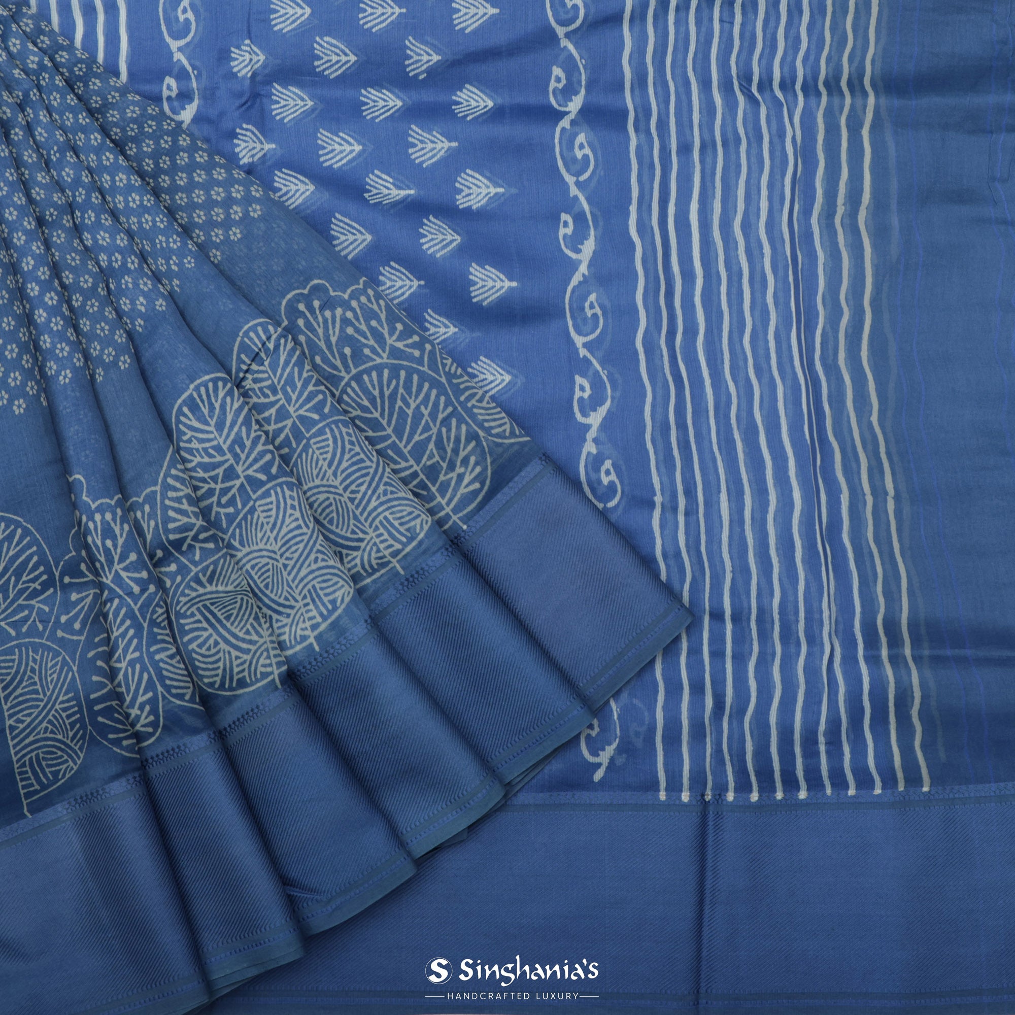 Medium Sapphire Blue Printed Chanderi Silk Saree With Floral Butti Pattern