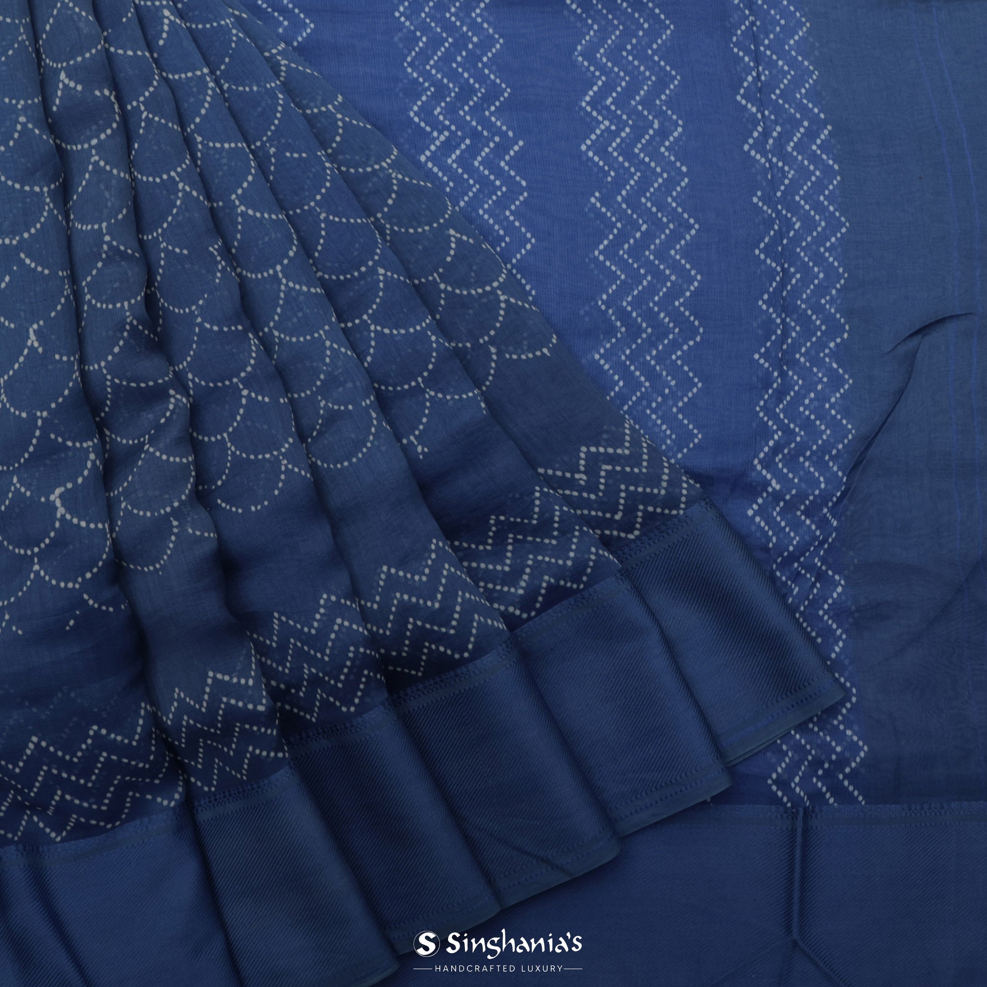 Royal Blue Printed Chanderi Silk Saree With Scallop Jaal Design